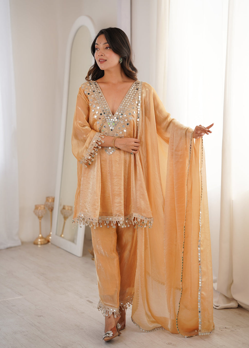 Lorenvalley Fashion Chiku Fendy Satin with Real Mirror with Coding Embroidered Lace work Kurta Pant with Dupatta