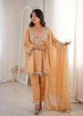Lorenvalley Fashion Chiku Fendy Satin with Real Mirror with Coding Embroidered Lace work Kurta Pant with Dupatta