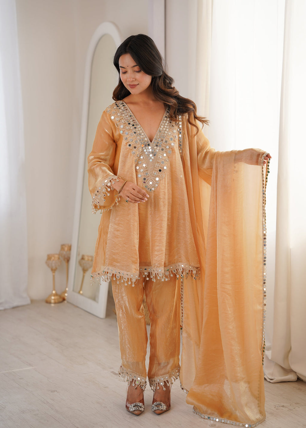 Lorenvalley Fashion Chiku Fendy Satin with Real Mirror with Coding Embroidered Lace work Kurta Pant with Dupatta