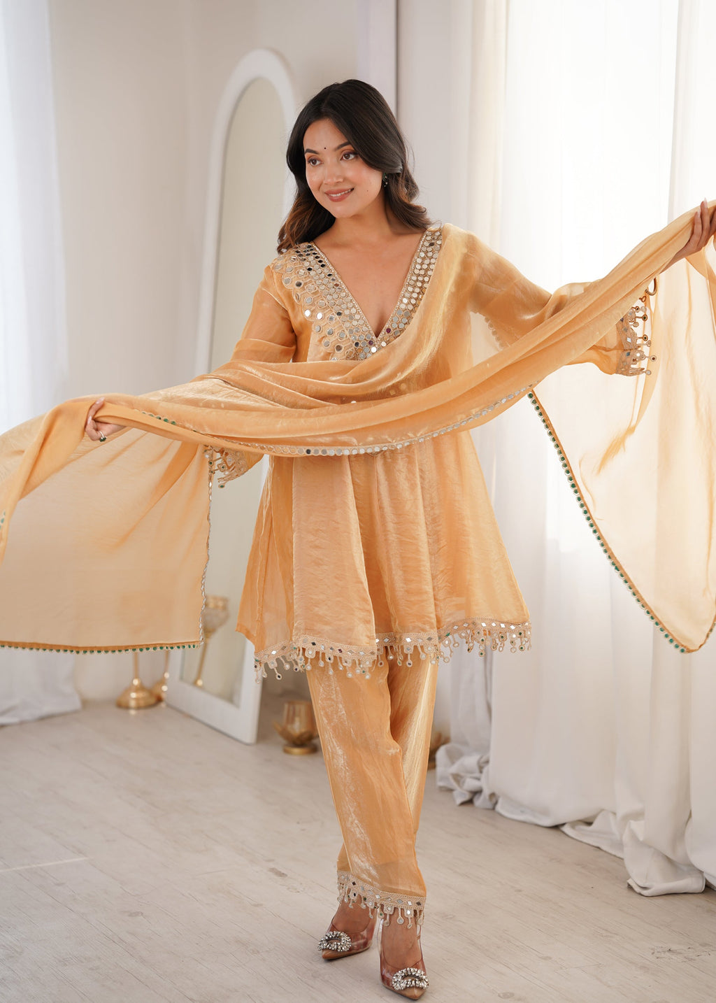 Lorenvalley Fashion Chiku Fendy Satin with Real Mirror with Coding Embroidered Lace work Kurta Pant with Dupatta