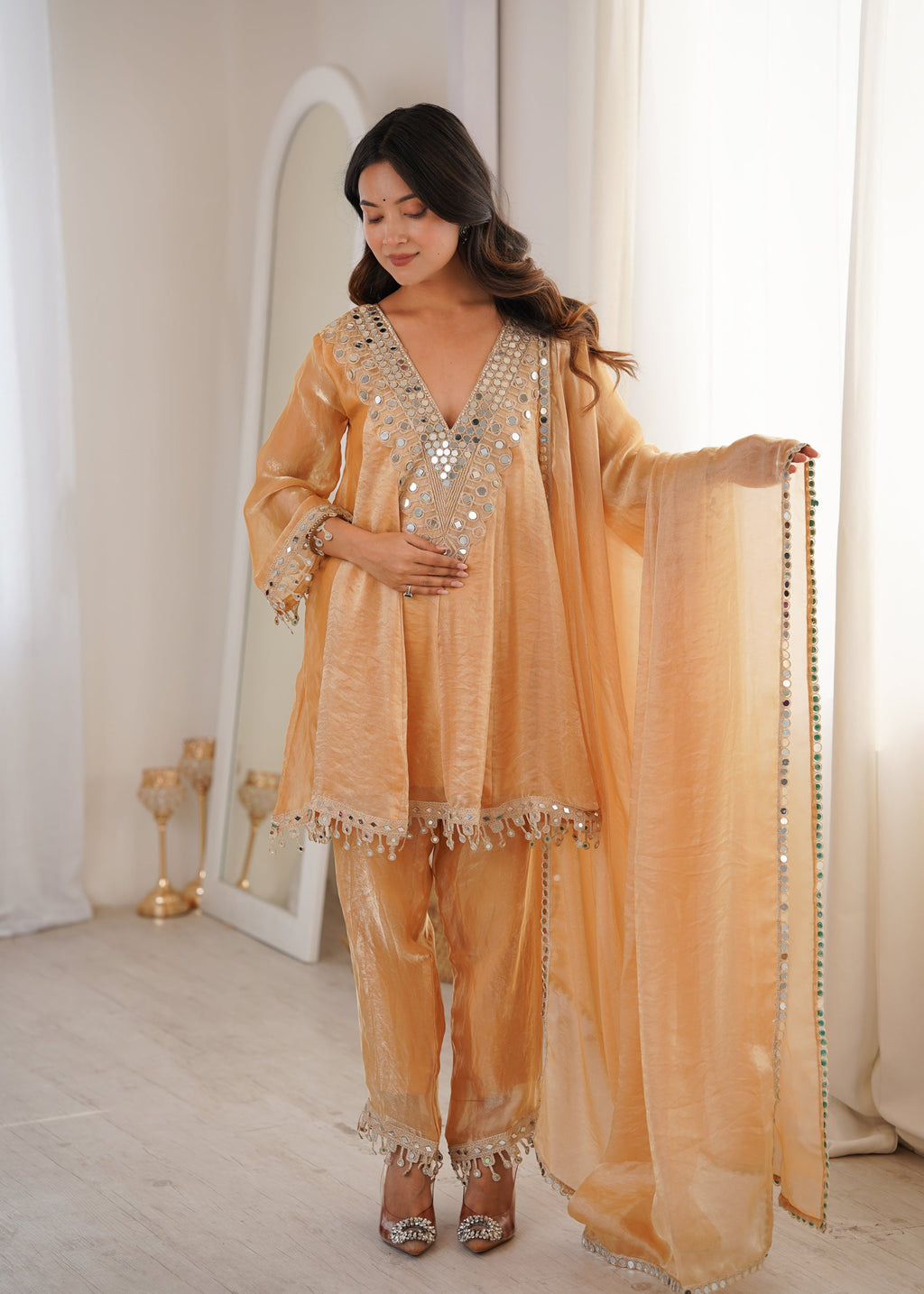 Lorenvalley Fashion Chiku Fendy Satin with Real Mirror with Coding Embroidered Lace work Kurta Pant with Dupatta
