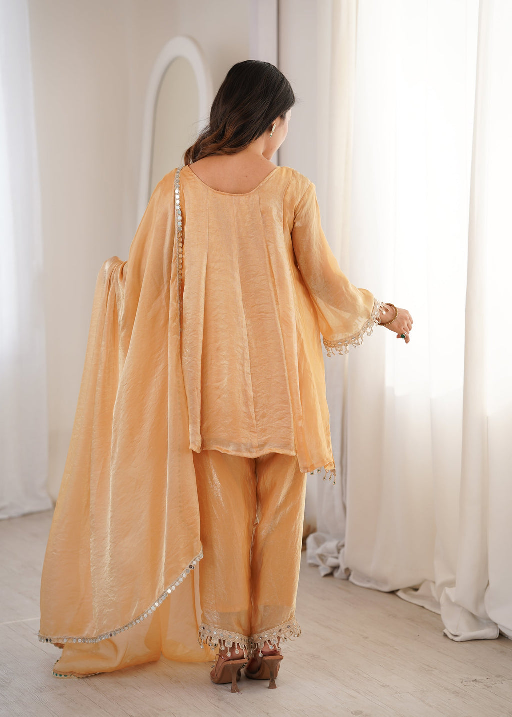 Lorenvalley Fashion Chiku Fendy Satin with Real Mirror with Coding Embroidered Lace work Kurta Pant with Dupatta