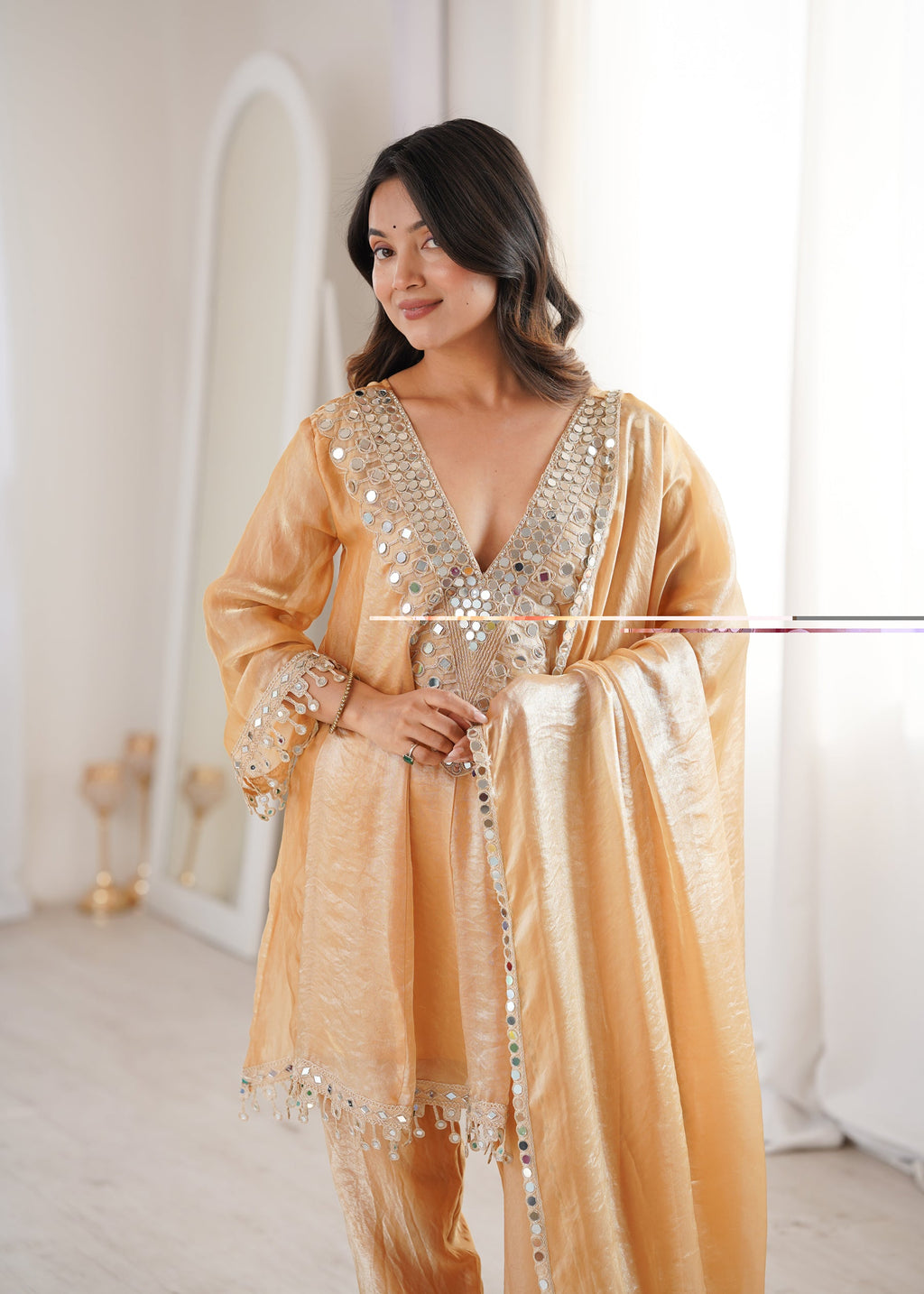 Lorenvalley Fashion Chiku Fendy Satin with Real Mirror with Coding Embroidered Lace work Kurta Pant with Dupatta
