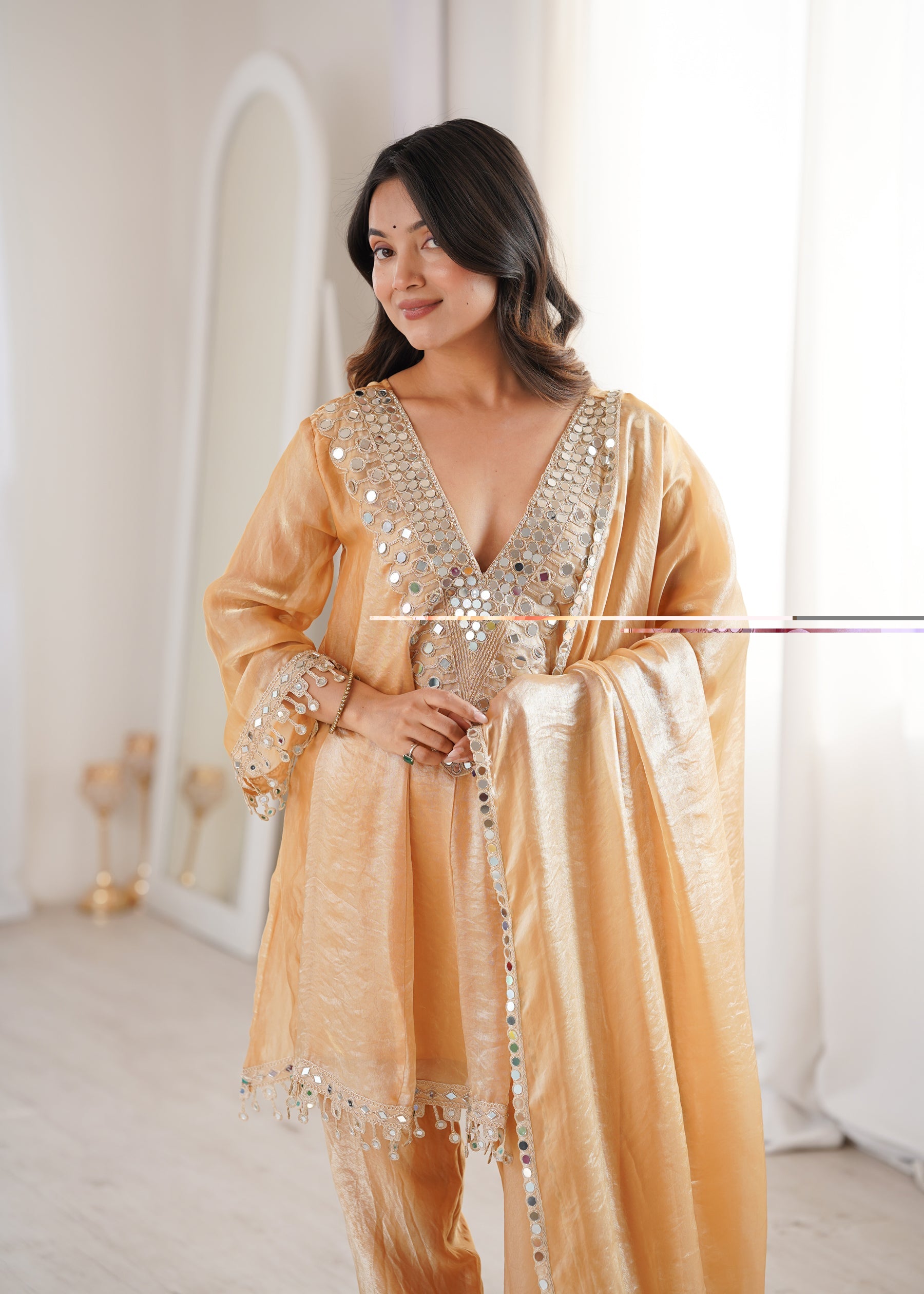 Lorenvalley Fashion Chiku Fendy Satin with Real Mirror with Coding Embroidered Lace work Kurta Pant with Dupatta