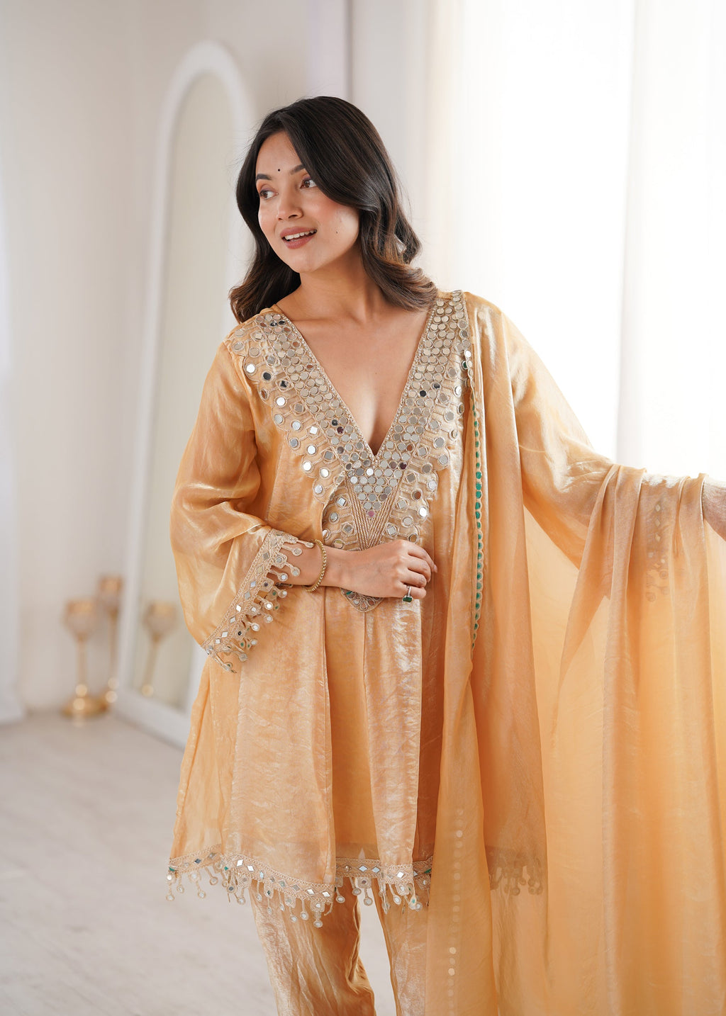 Lorenvalley Fashion Chiku Fendy Satin with Real Mirror with Coding Embroidered Lace work Kurta Pant with Dupatta