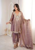 Lorenvalley Fashion Purple Fendy Satin with Real Mirror with Coding Embroidered Lace work Kurta Pant with Dupatta