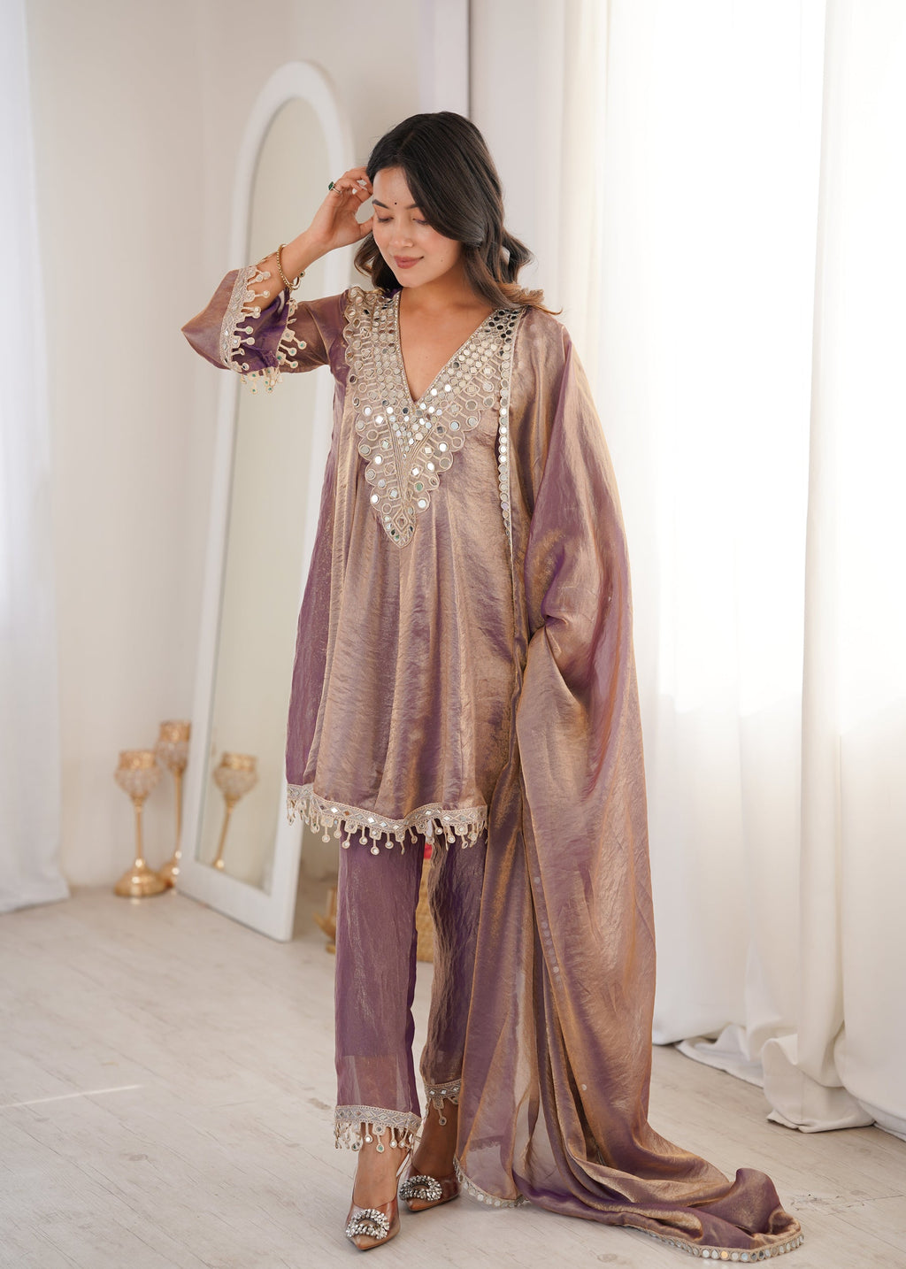 Lorenvalley Fashion Purple Fendy Satin with Real Mirror with Coding Embroidered Lace work Kurta Pant with Dupatta