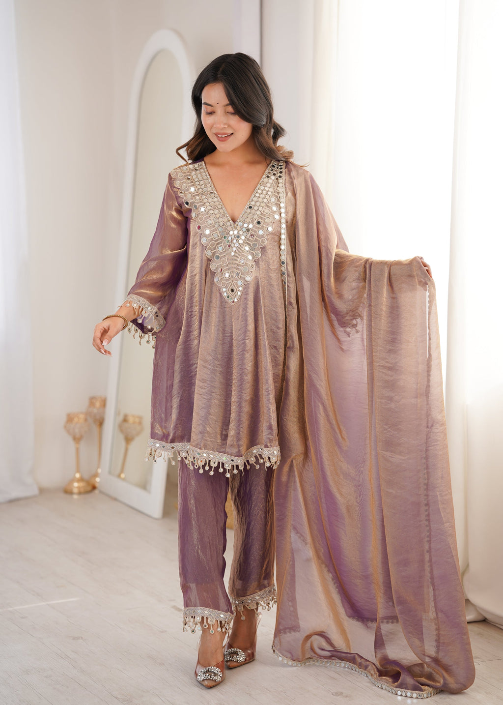 Lorenvalley Fashion Purple Fendy Satin with Real Mirror with Coding Embroidered Lace work Kurta Pant with Dupatta