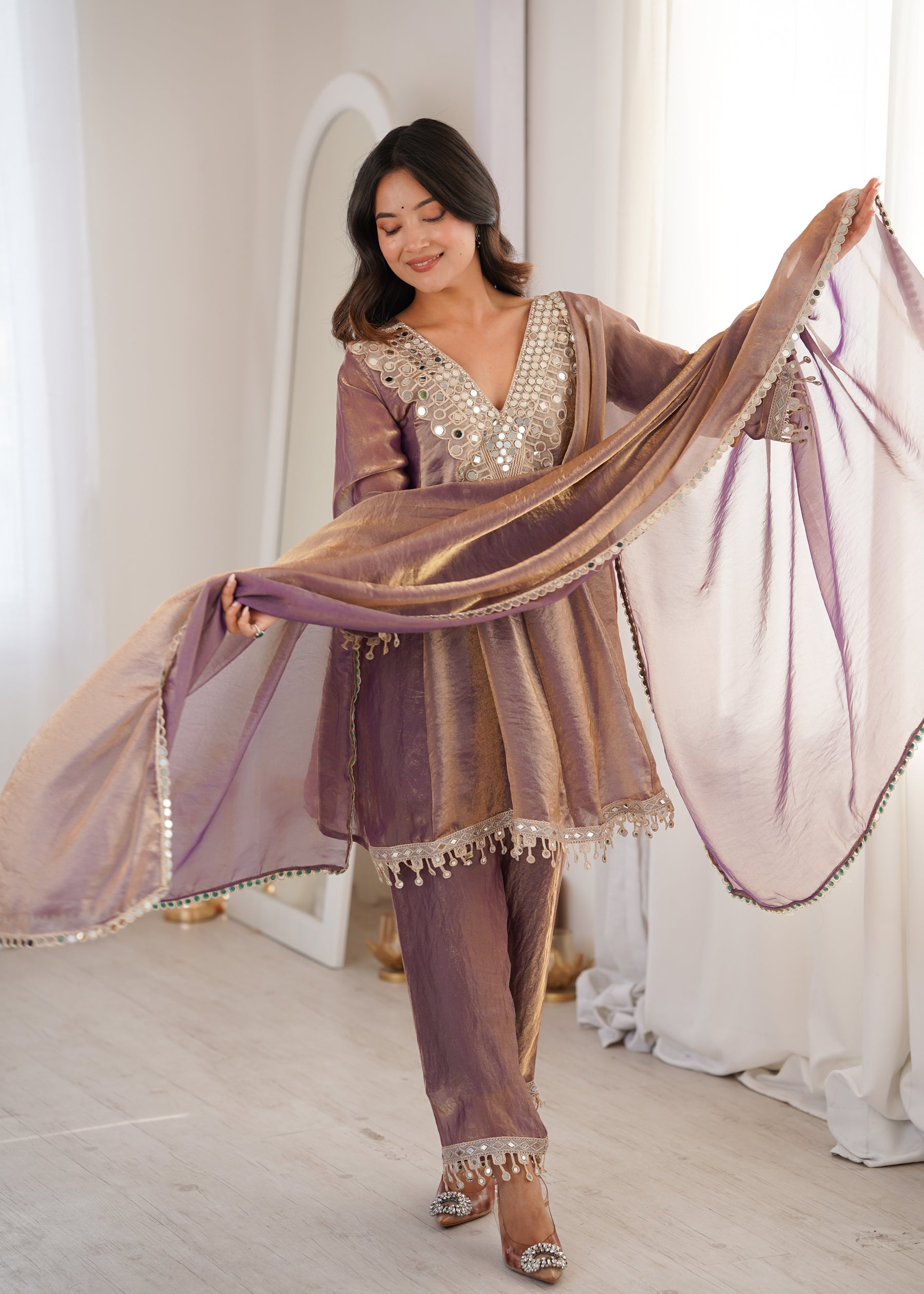 Lorenvalley Fashion Purple Fendy Satin with Real Mirror with Coding Embroidered Lace work Kurta Pant with Dupatta
