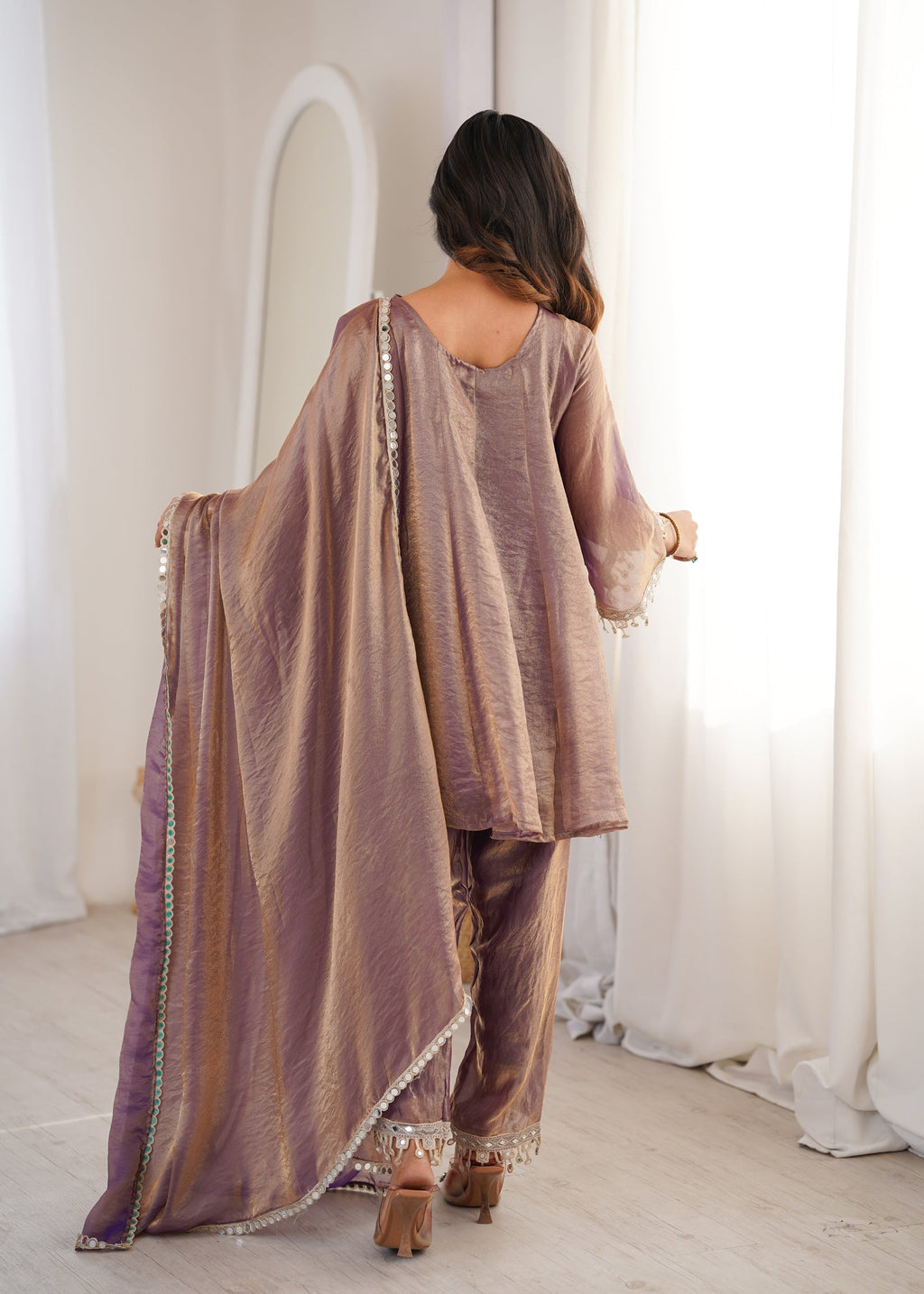 Lorenvalley Fashion Purple Fendy Satin with Real Mirror with Coding Embroidered Lace work Kurta Pant with Dupatta