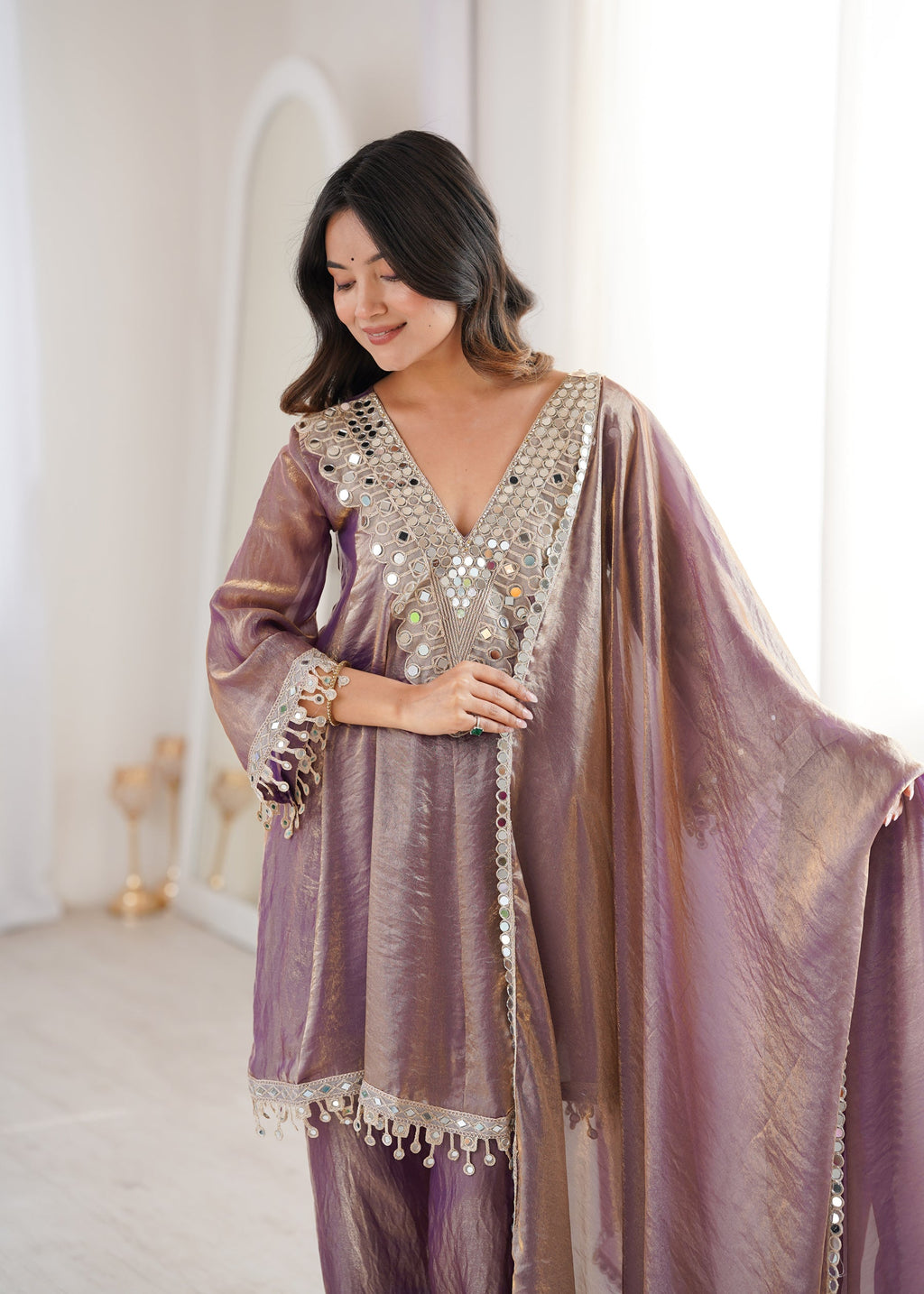 Lorenvalley Fashion Purple Fendy Satin with Real Mirror with Coding Embroidered Lace work Kurta Pant with Dupatta