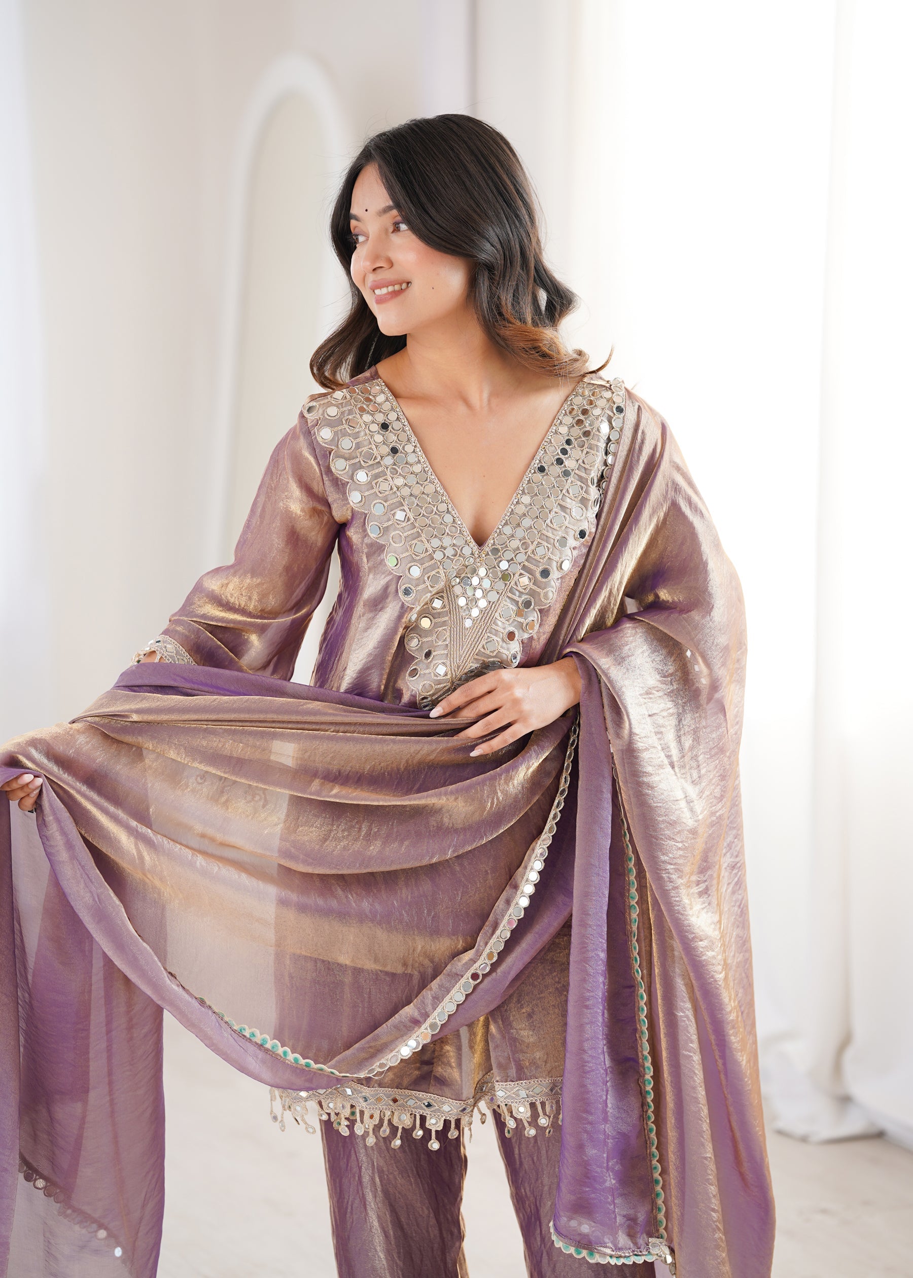 Lorenvalley Fashion Purple Fendy Satin with Real Mirror with Coding Embroidered Lace work Kurta Pant with Dupatta