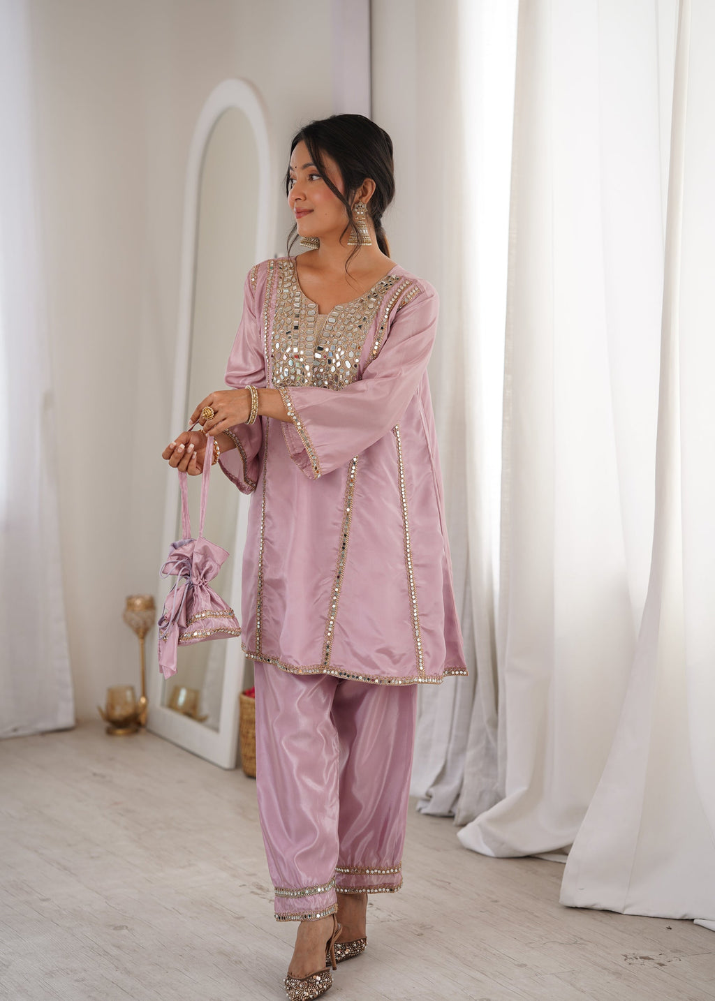 Lorenvalley Fashion Pink H O Silk with Real Mirror Embroidered work Kurta Pant with Batwa