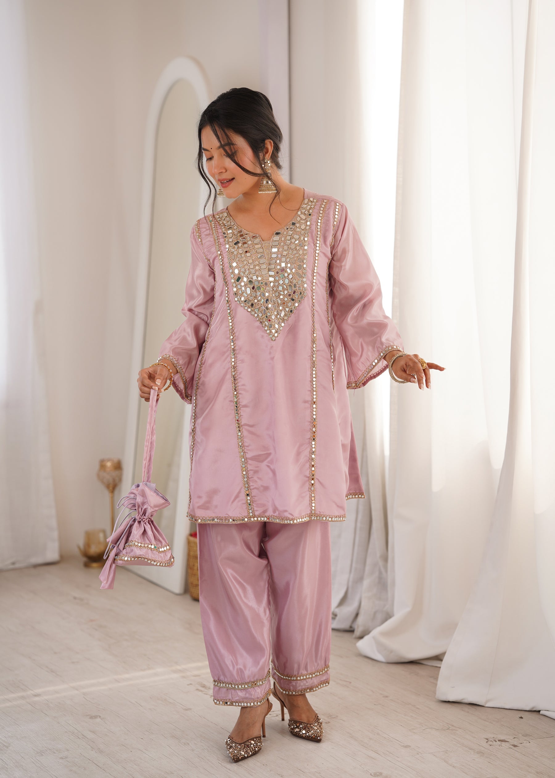 Lorenvalley Fashion Pink H O Silk with Real Mirror Embroidered work Kurta Pant with Batwa