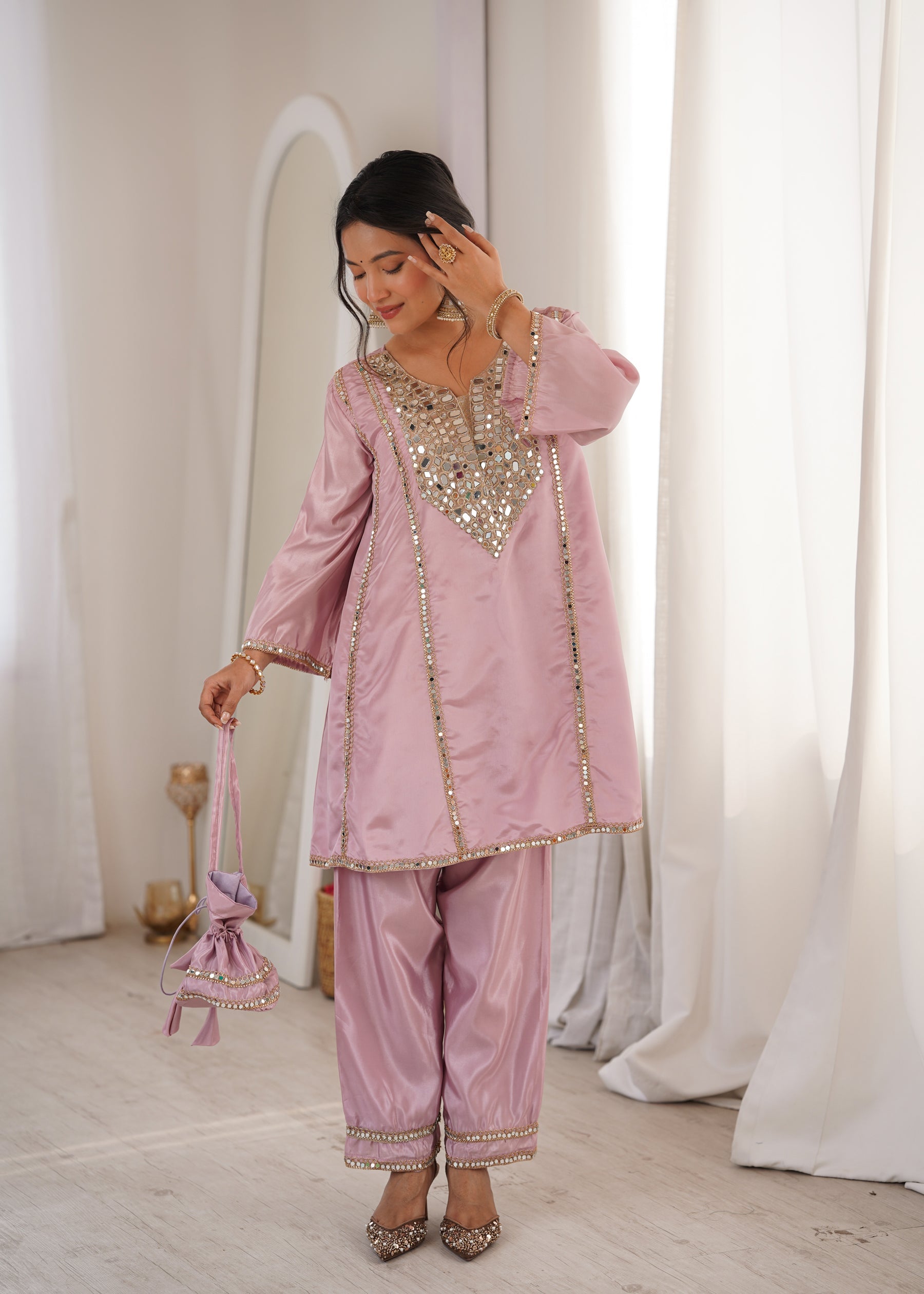 Lorenvalley Fashion Pink H O Silk with Real Mirror Embroidered work Kurta Pant with Batwa