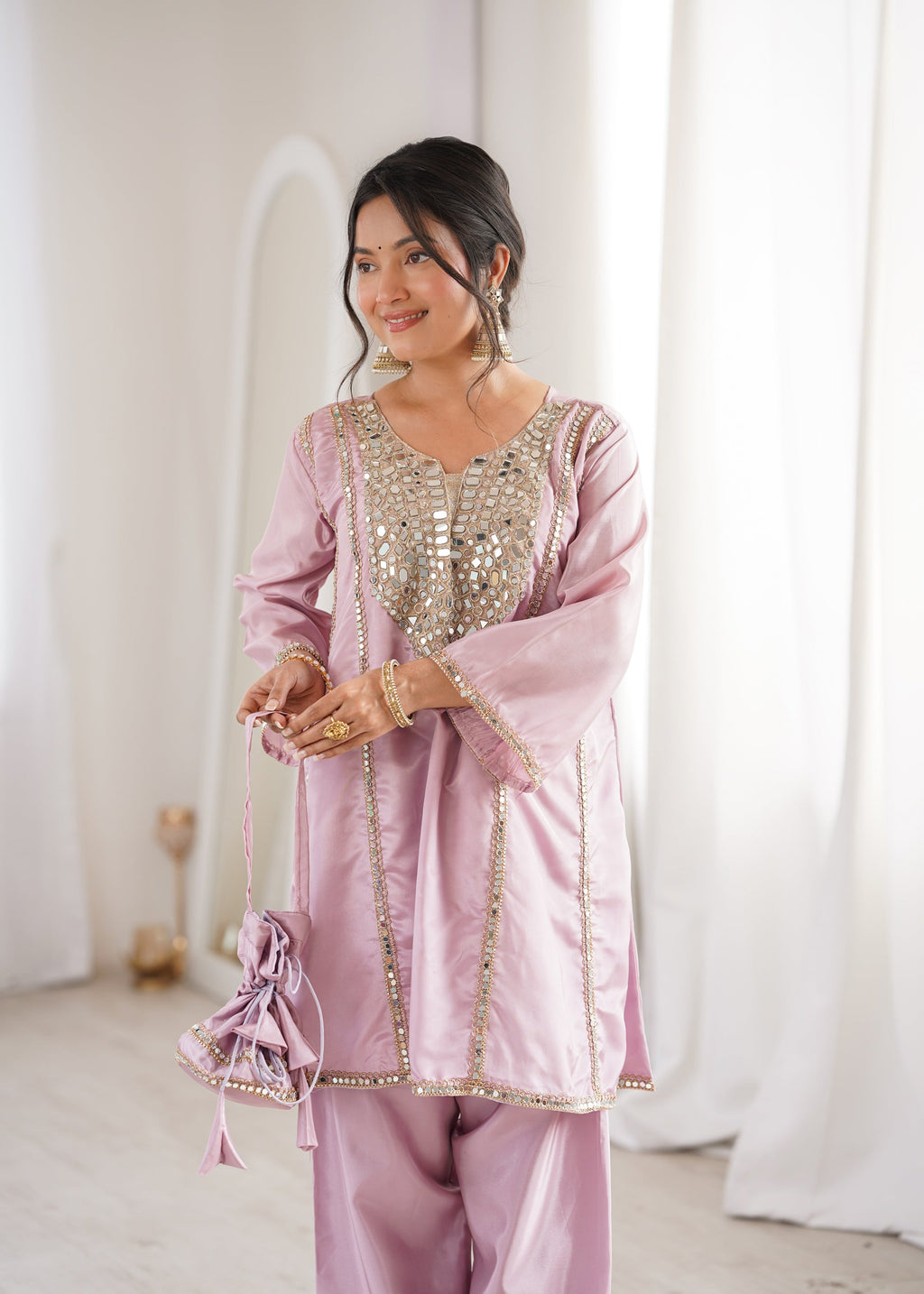 Lorenvalley Fashion Pink H O Silk with Real Mirror Embroidered work Kurta Pant with Batwa