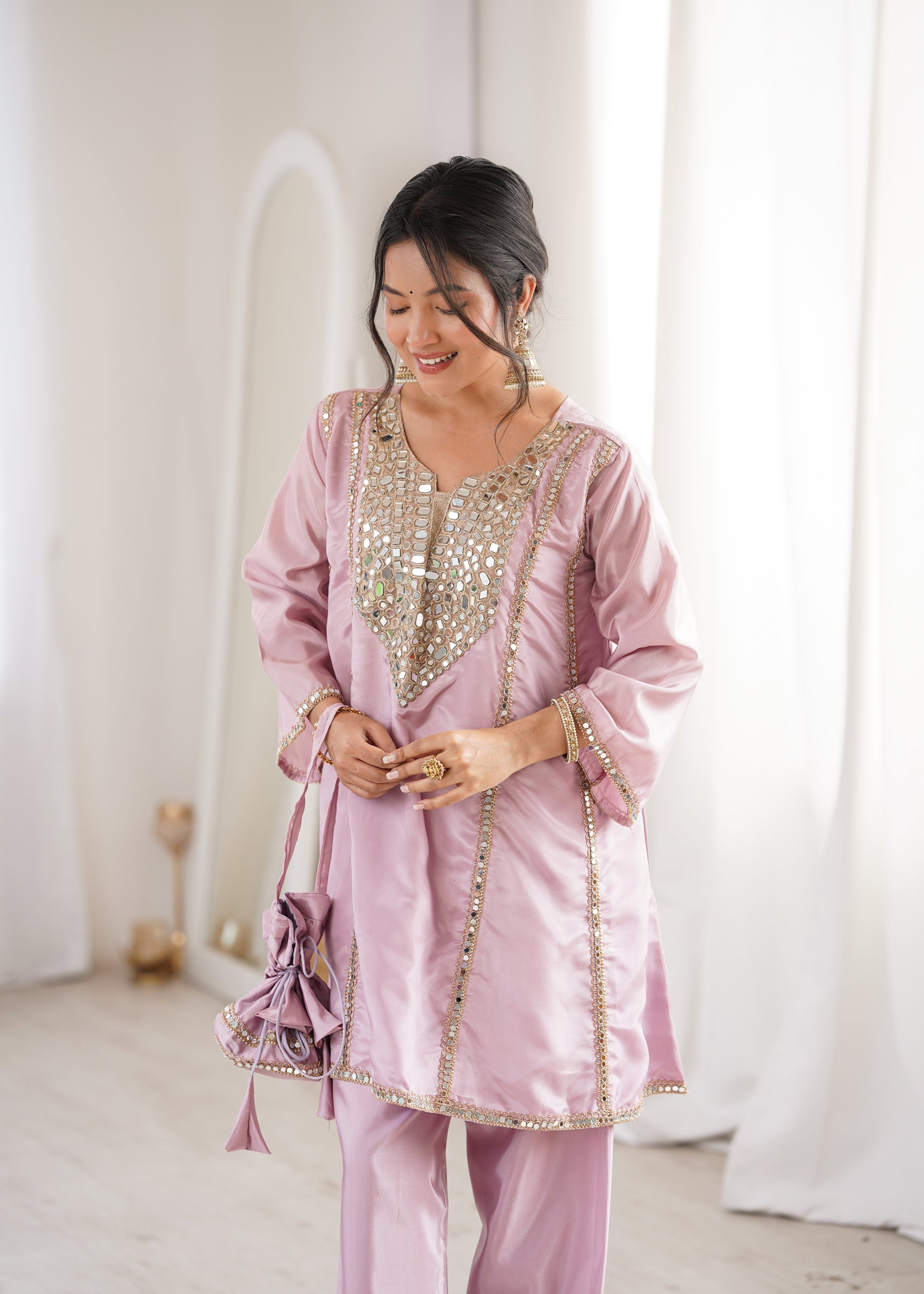 Lorenvalley Fashion Pink H O Silk with Real Mirror Embroidered work Kurta Pant with Batwa