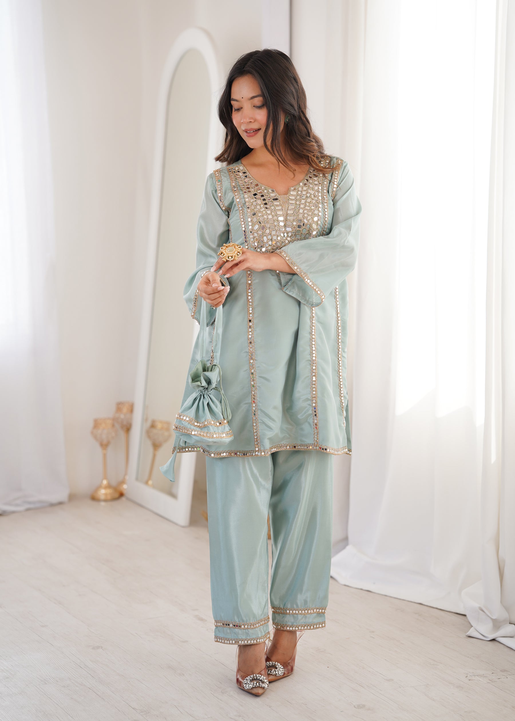 Lorenvalley Fashion Skyblue H O Silk with Real Mirror Embroidered work Kurta Pant with Batwa