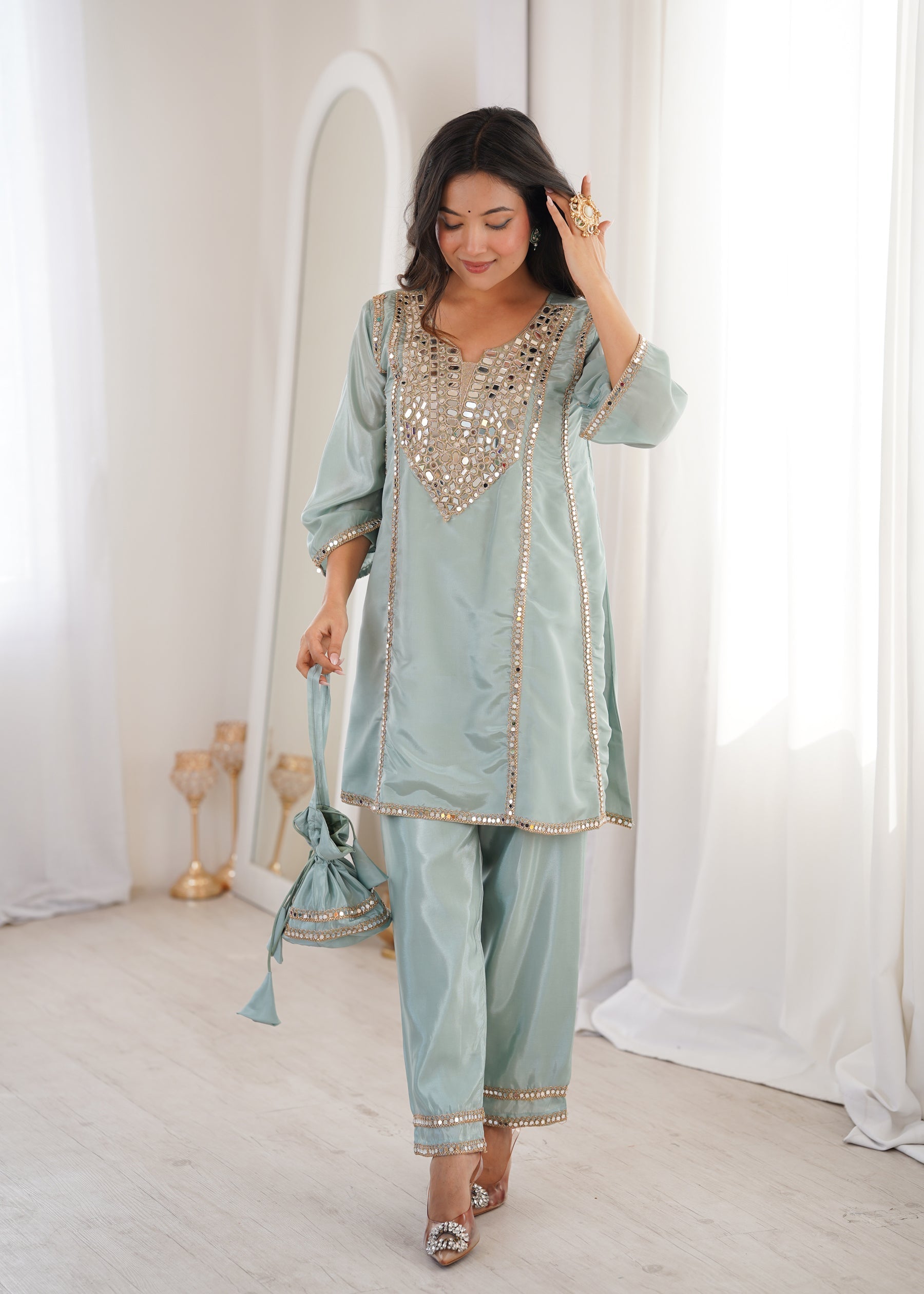 Lorenvalley Fashion Skyblue H O Silk with Real Mirror Embroidered work Kurta Pant with Batwa