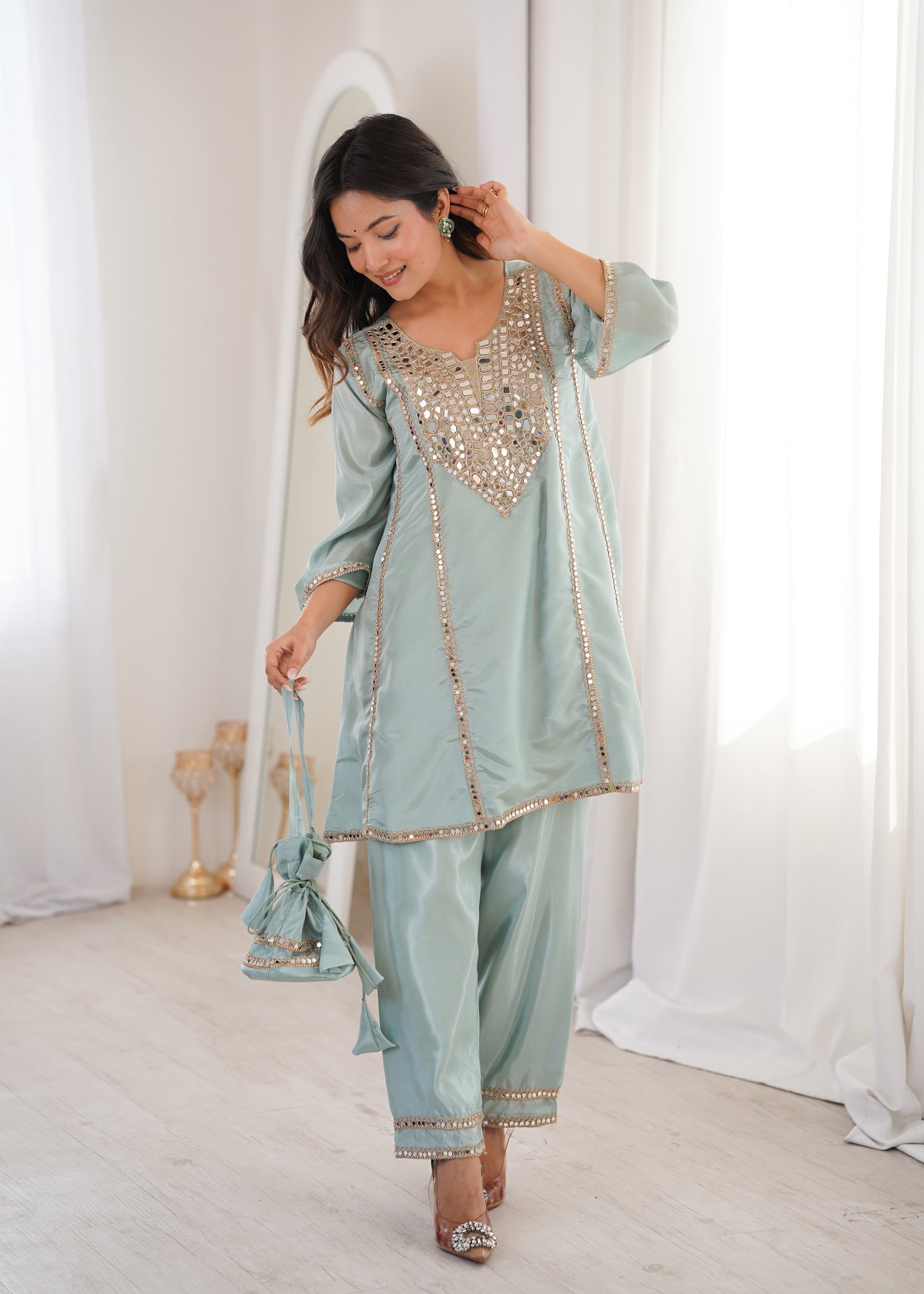 Lorenvalley Fashion Skyblue H O Silk with Real Mirror Embroidered work Kurta Pant with Batwa
