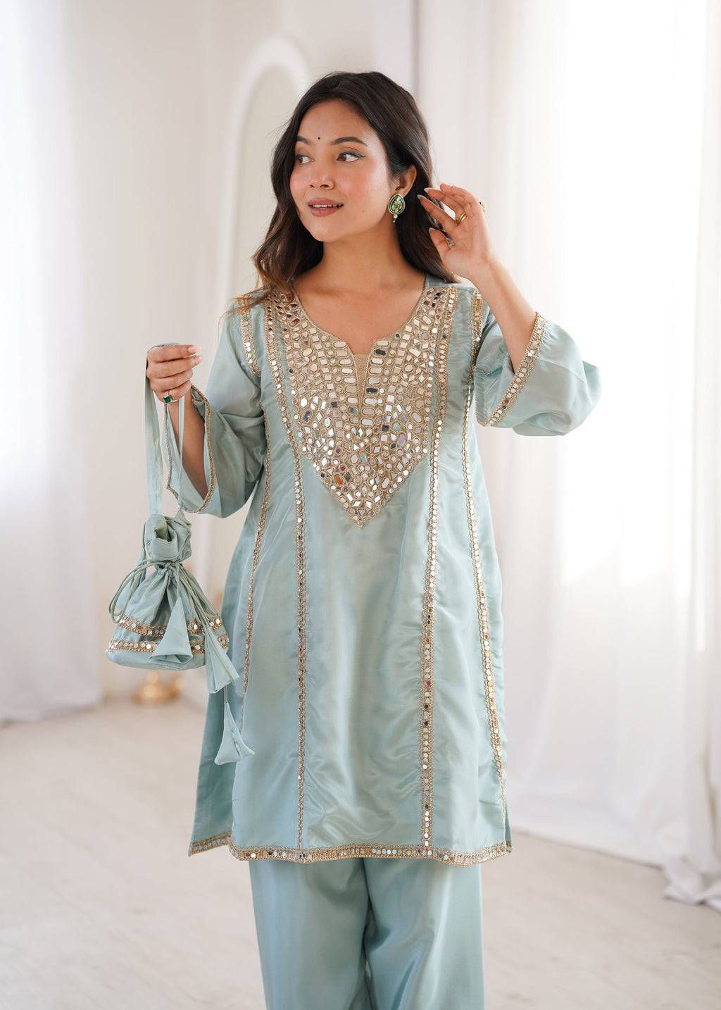 Lorenvalley Fashion Skyblue H O Silk with Real Mirror Embroidered work Kurta Pant with Batwa