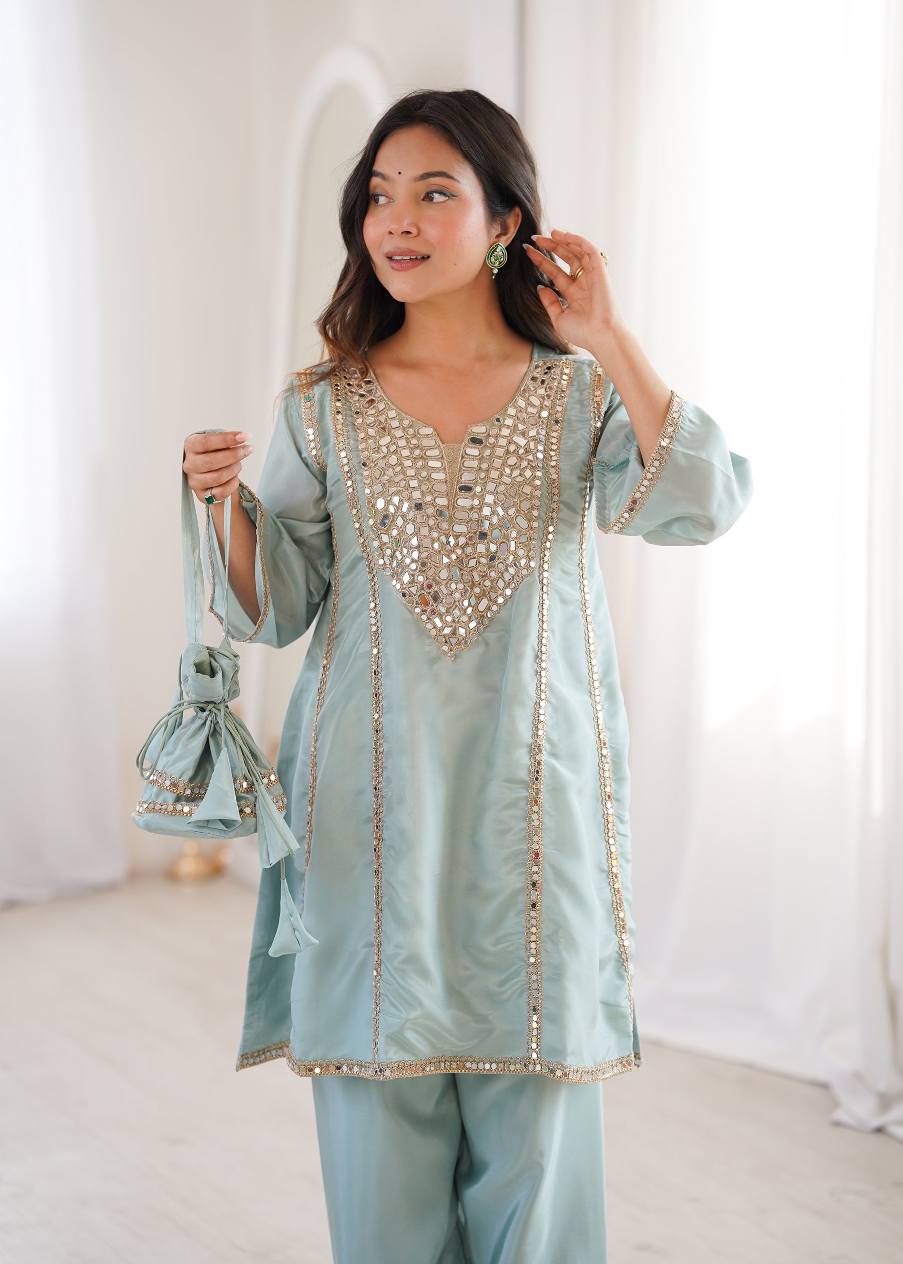 Lorenvalley Fashion Skyblue H O Silk with Real Mirror Embroidered work Kurta Pant with Batwa