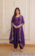 Lorenvalley Fashion Purple Mul Chanderi with Beads Thread Embroidered work Kurta Pant with Dupatta