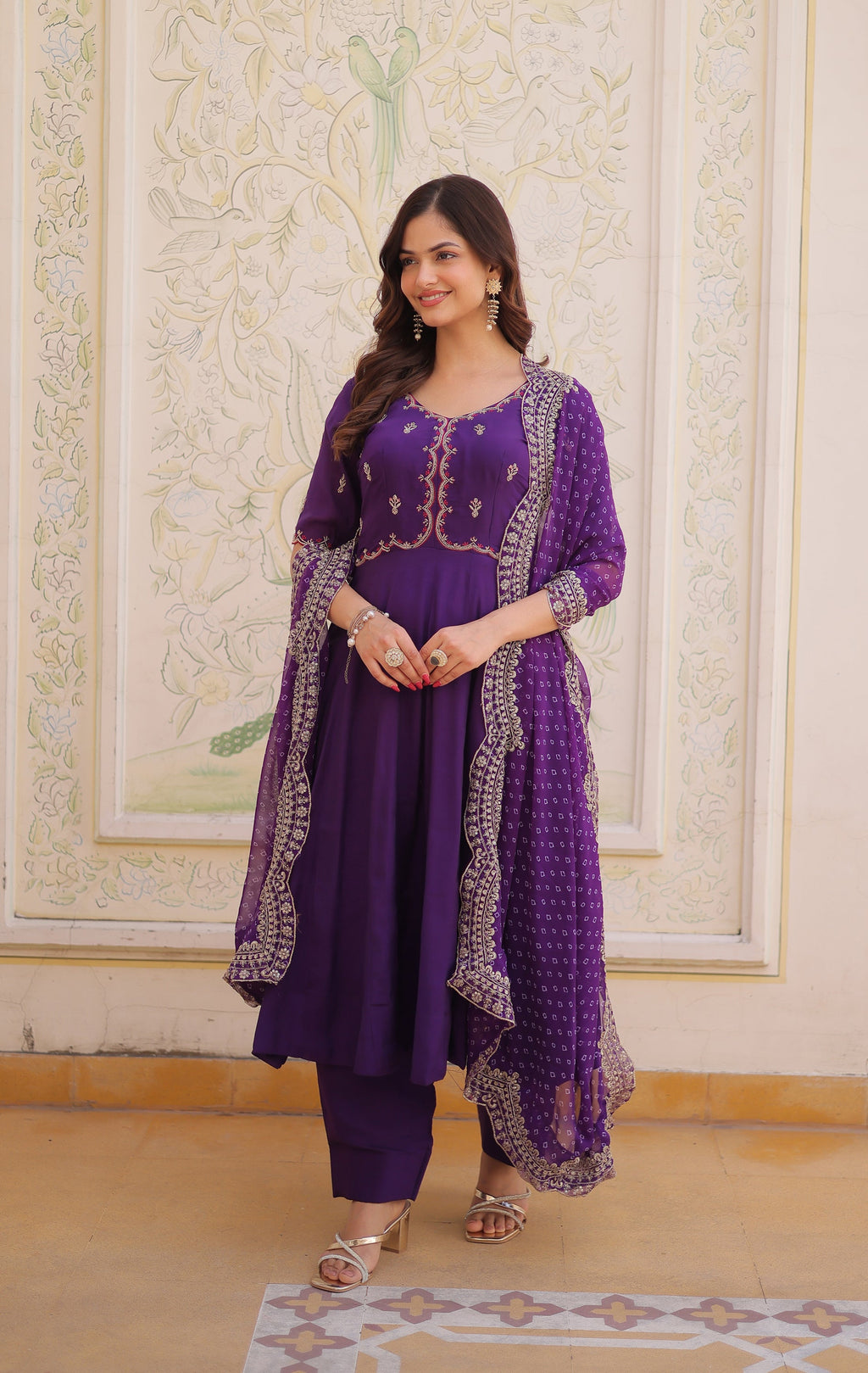 Lorenvalley Fashion Purple Mul Chanderi with Beads Thread Embroidered work Kurta Pant with Dupatta