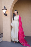Lorenvalley Fashion Cream Cosmos with Real Mirror with Zari Embroidered lace work Gown with Dupatta