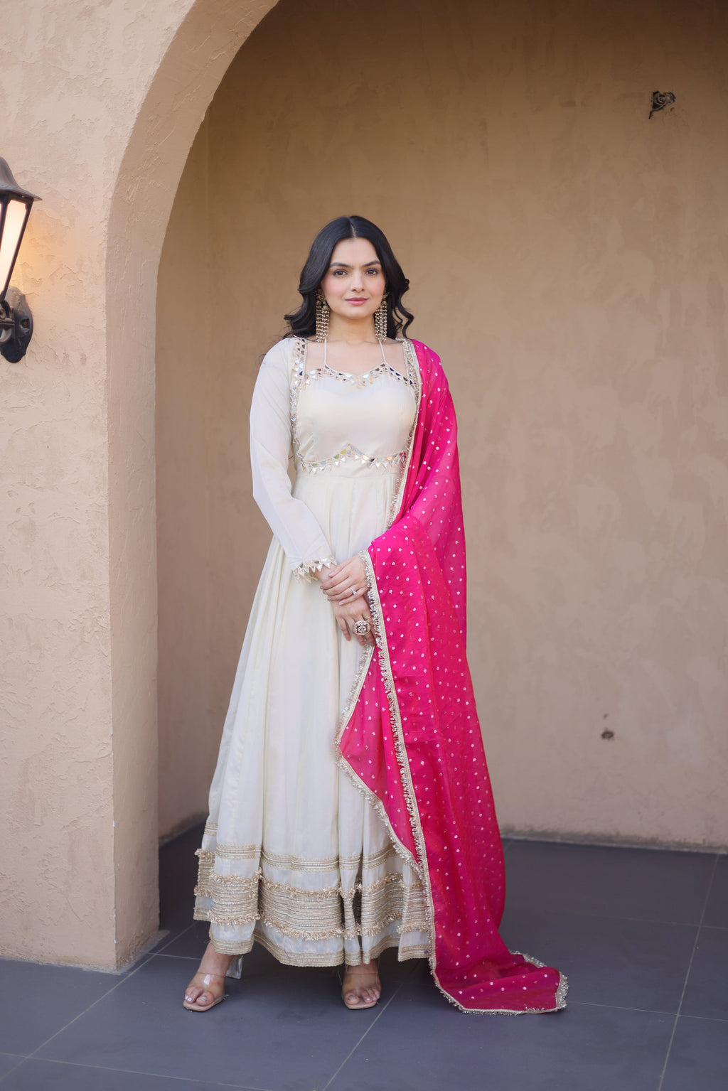 Lorenvalley Fashion Cream Cosmos with Real Mirror with Zari Embroidered lace work Gown with Dupatta