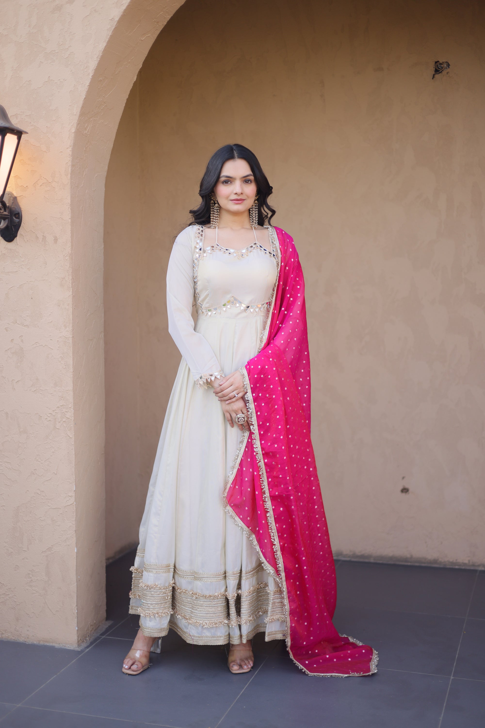 Lorenvalley Fashion Cream Cosmos with Real Mirror with Zari Embroidered lace work Gown with Dupatta
