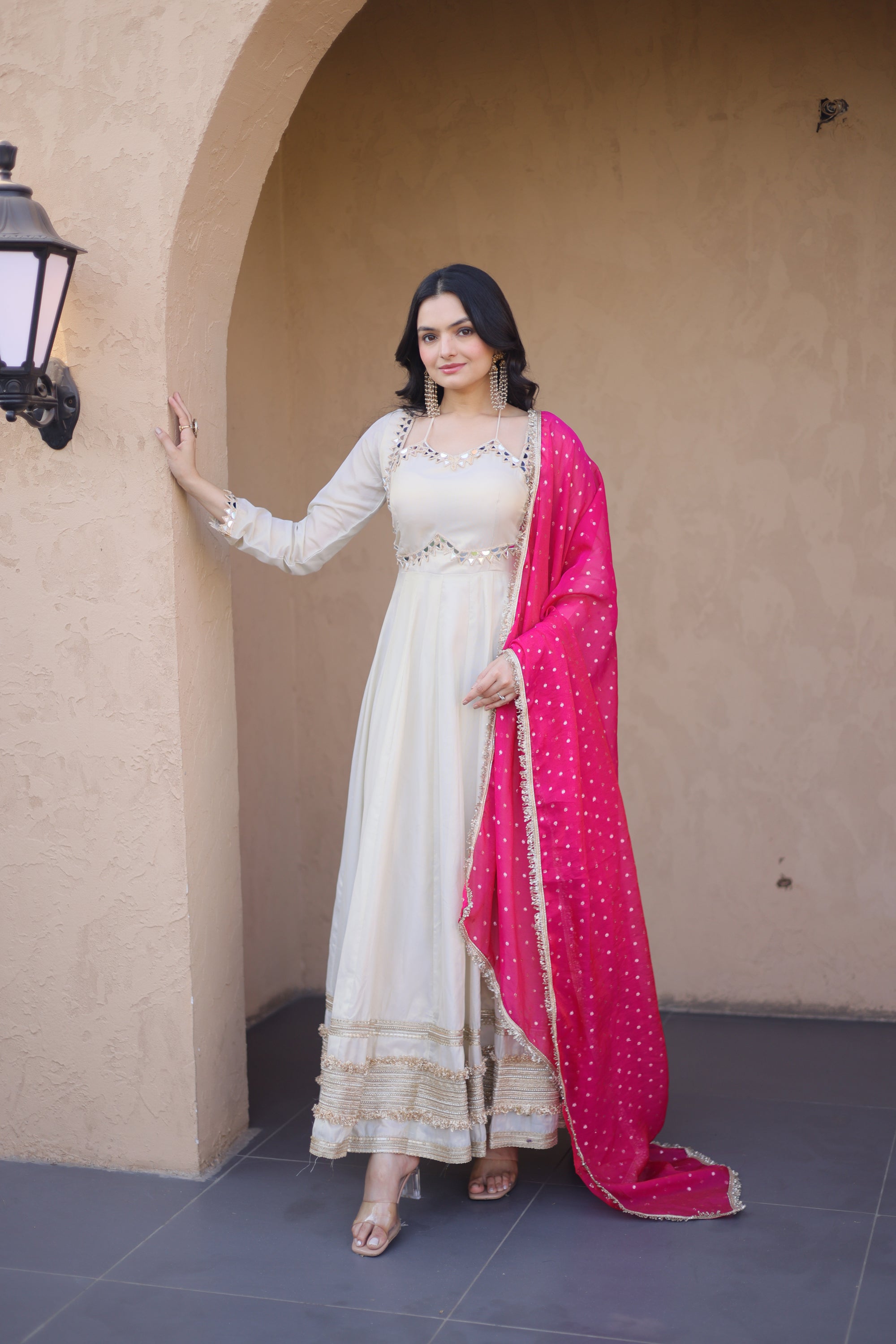 Lorenvalley Fashion Cream Cosmos with Real Mirror with Zari Embroidered lace work Gown with Dupatta