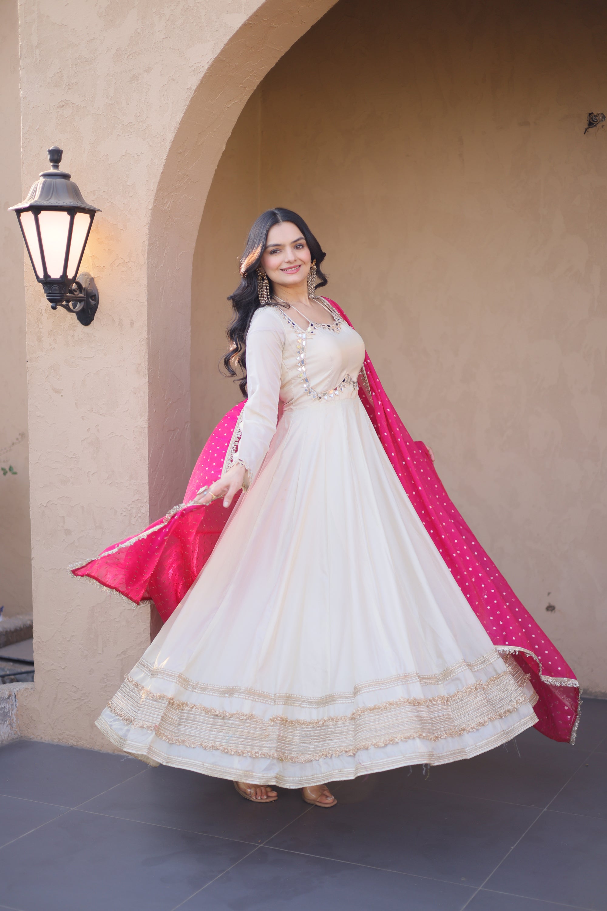 Lorenvalley Fashion Cream Cosmos with Real Mirror with Zari Embroidered lace work Gown with Dupatta