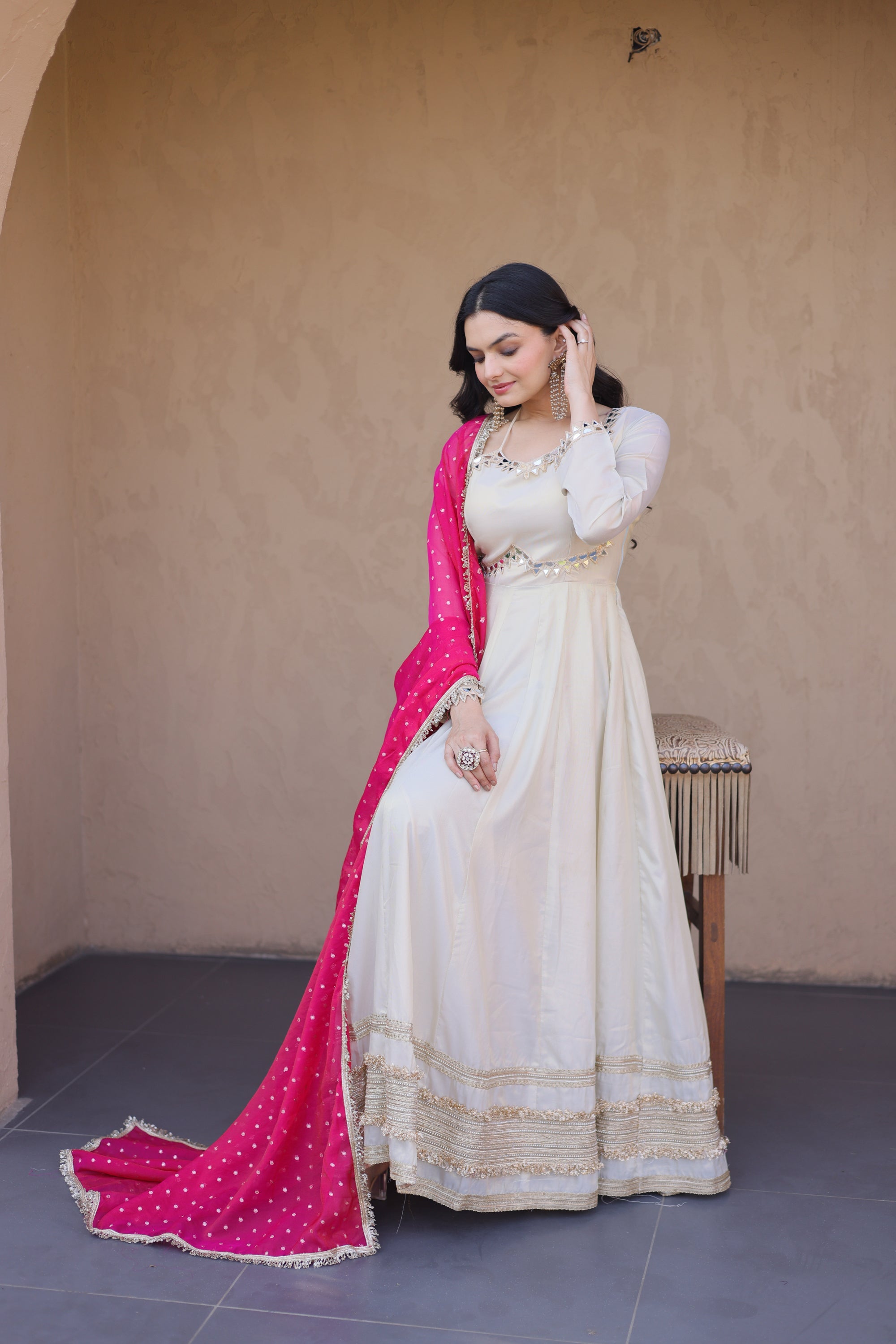 Lorenvalley Fashion Cream Cosmos with Real Mirror with Zari Embroidered lace work Gown with Dupatta