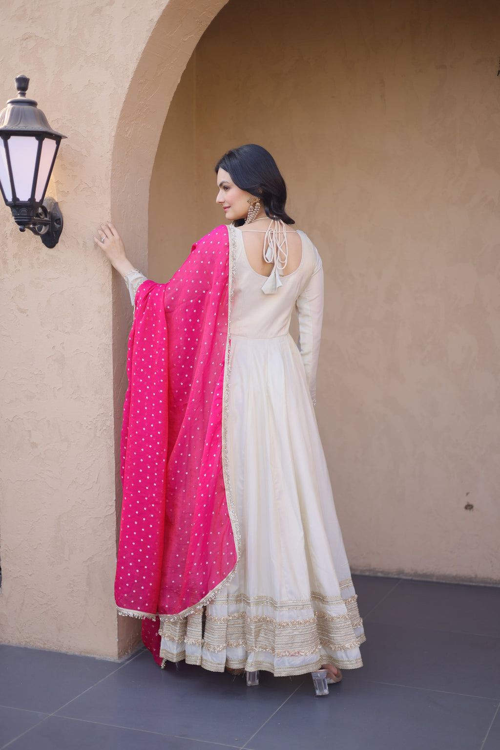 Lorenvalley Fashion Cream Cosmos with Real Mirror with Zari Embroidered lace work Gown with Dupatta