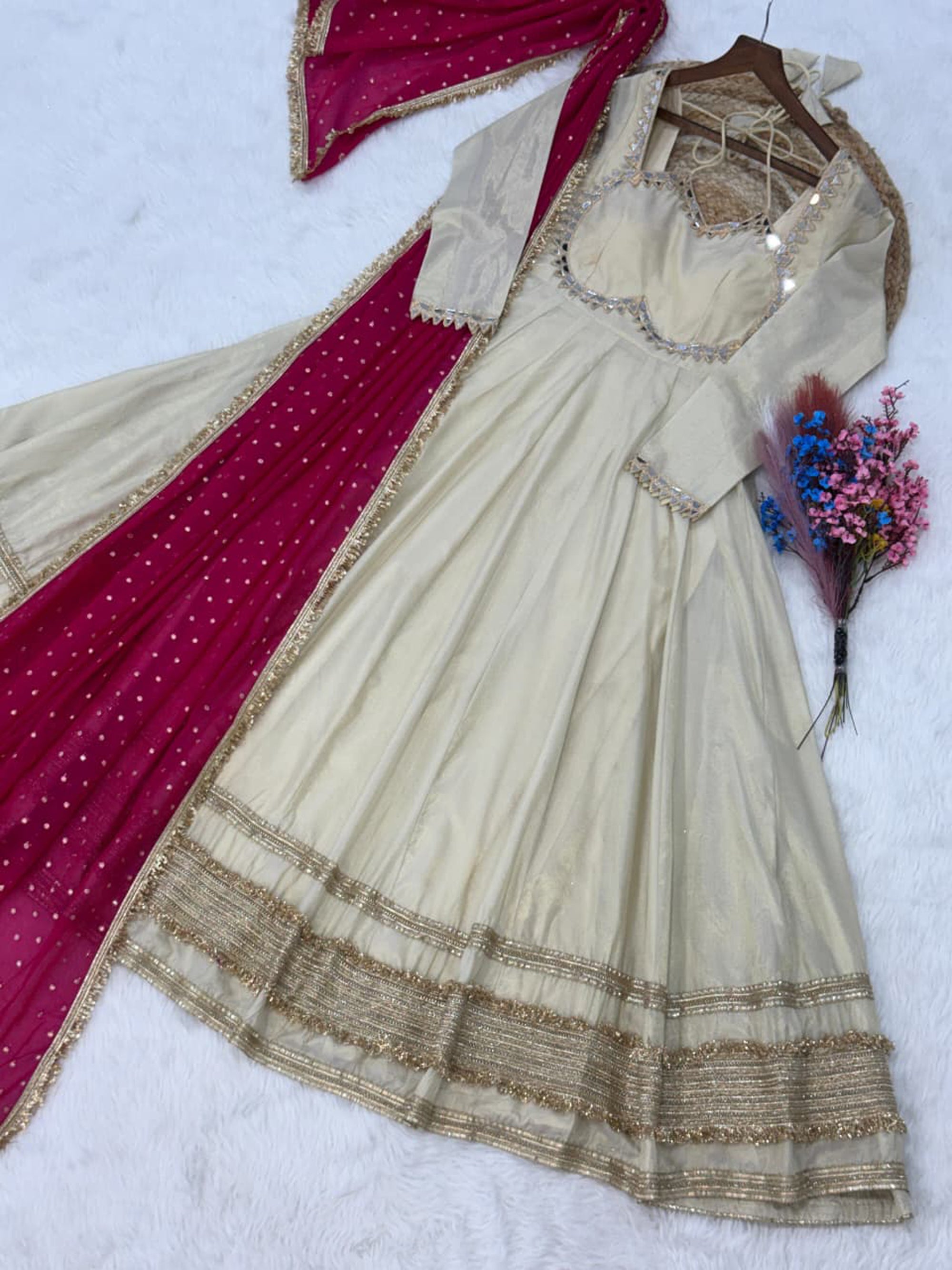 Lorenvalley Fashion Cream Cosmos with Real Mirror with Zari Embroidered lace work Gown with Dupatta