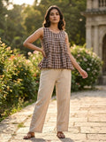 Lorenvalley Fashion Coffee Checks Linen Cotton Top Bottom Set