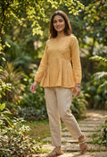 Lorenvalley Fashion Yellow Linen Cotton Top Bottom Set