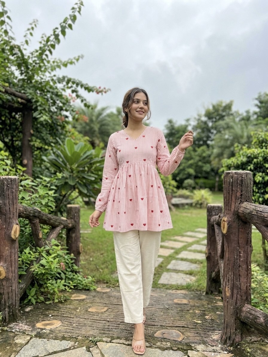 Lorenvalley Fashion Pink Cotton with Heart Embroidered work Top Bottom Set