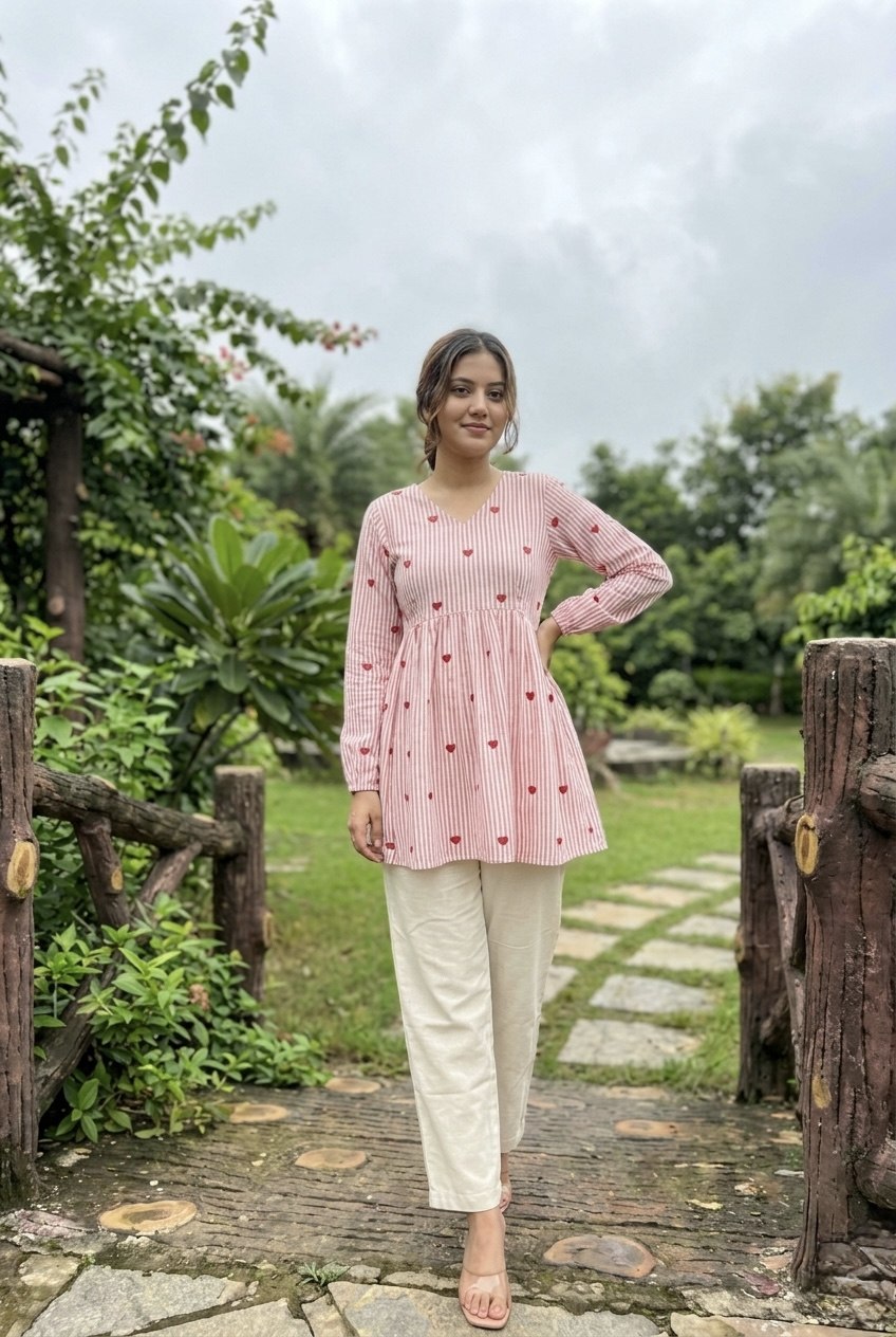 Lorenvalley Fashion Pink Cotton with Heart Embroidered work Top Bottom Set
