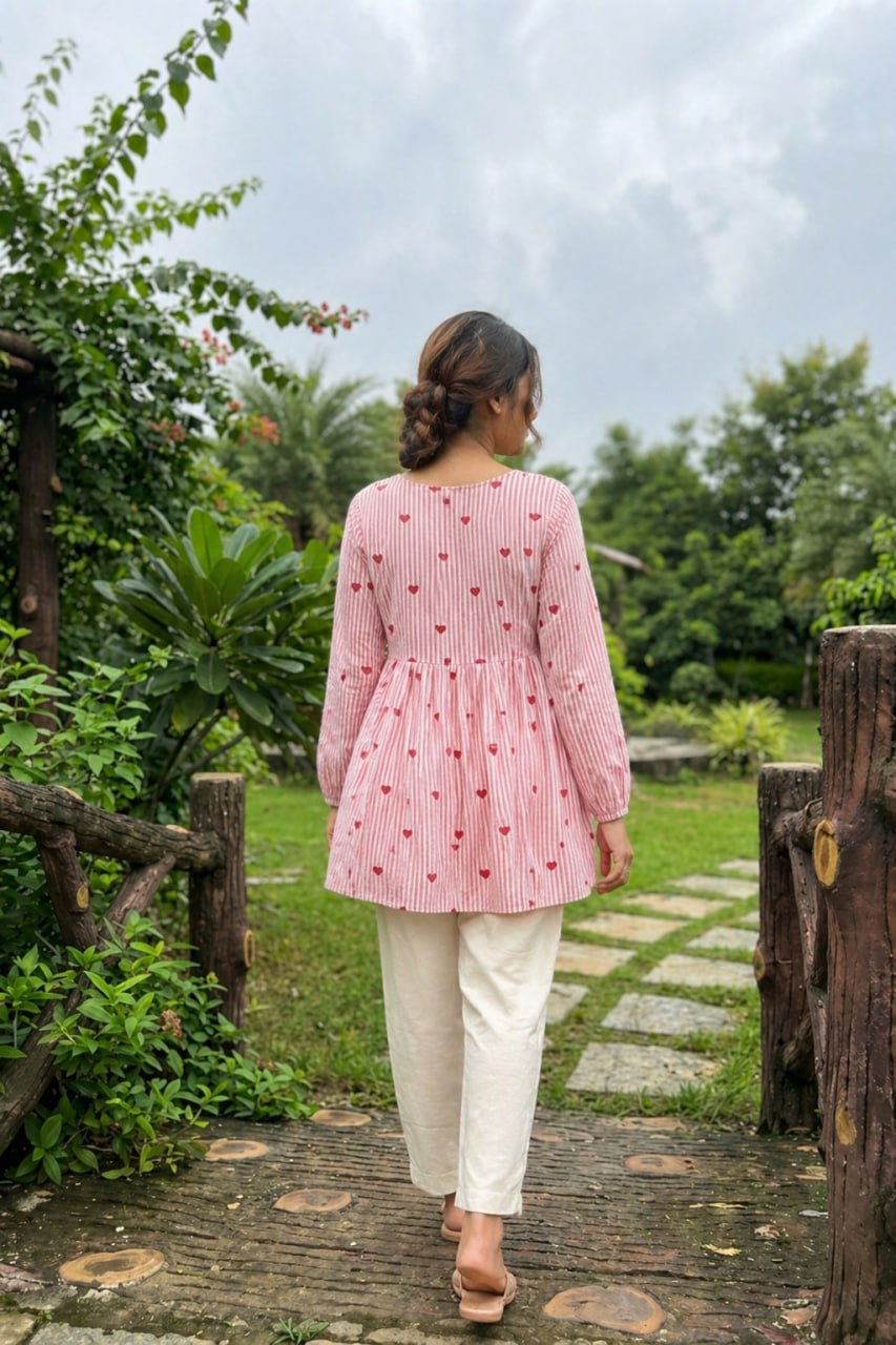 Lorenvalley Fashion Pink Cotton with Heart Embroidered work Top Bottom Set