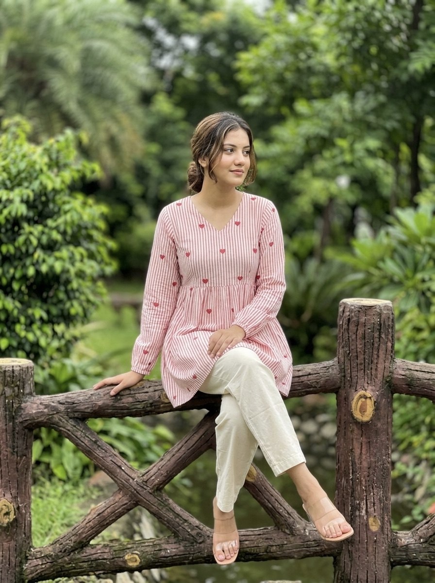 Lorenvalley Fashion Pink Cotton with Heart Embroidered work Top Bottom Set