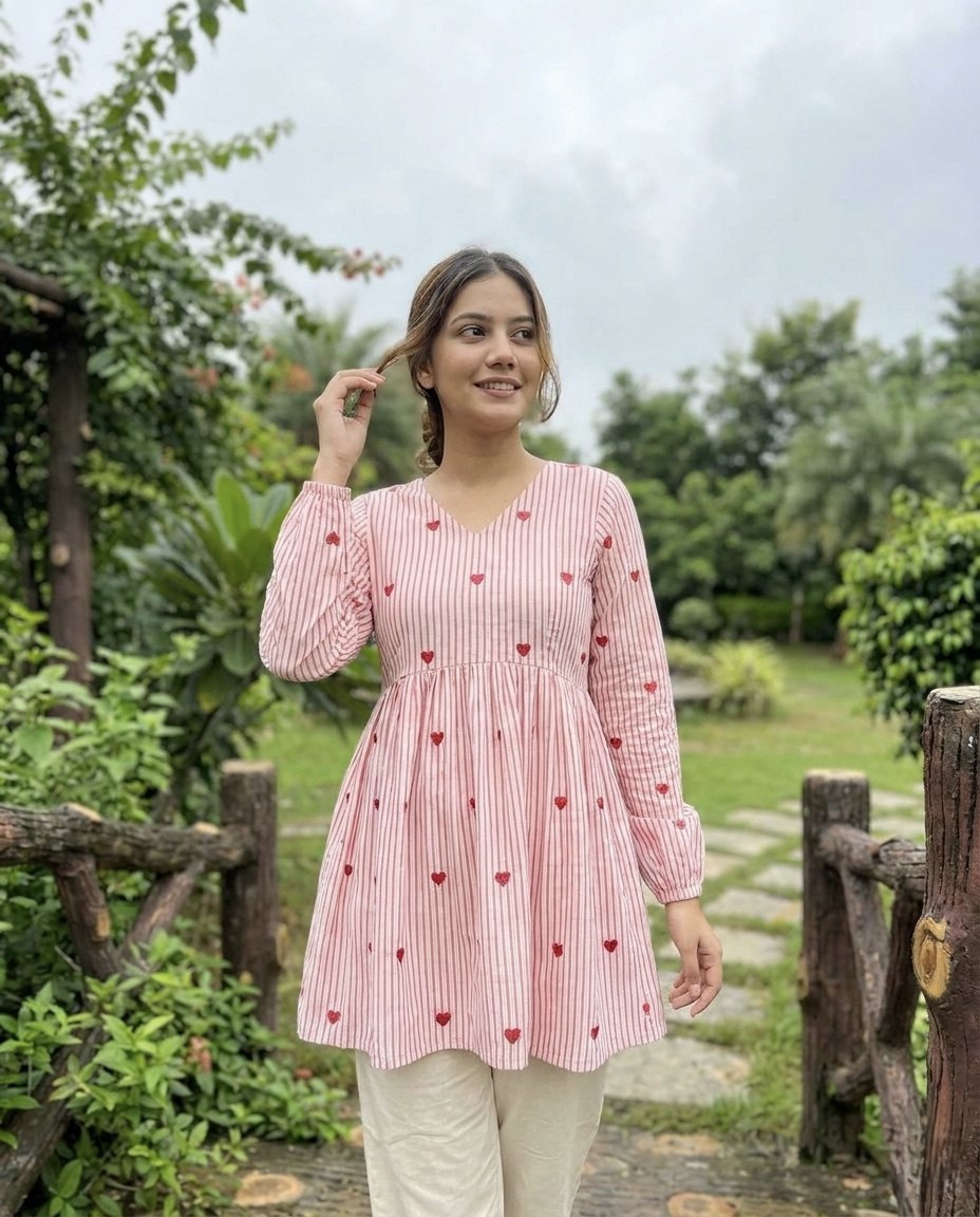 Lorenvalley Fashion Pink Cotton with Heart Embroidered work Top Bottom Set