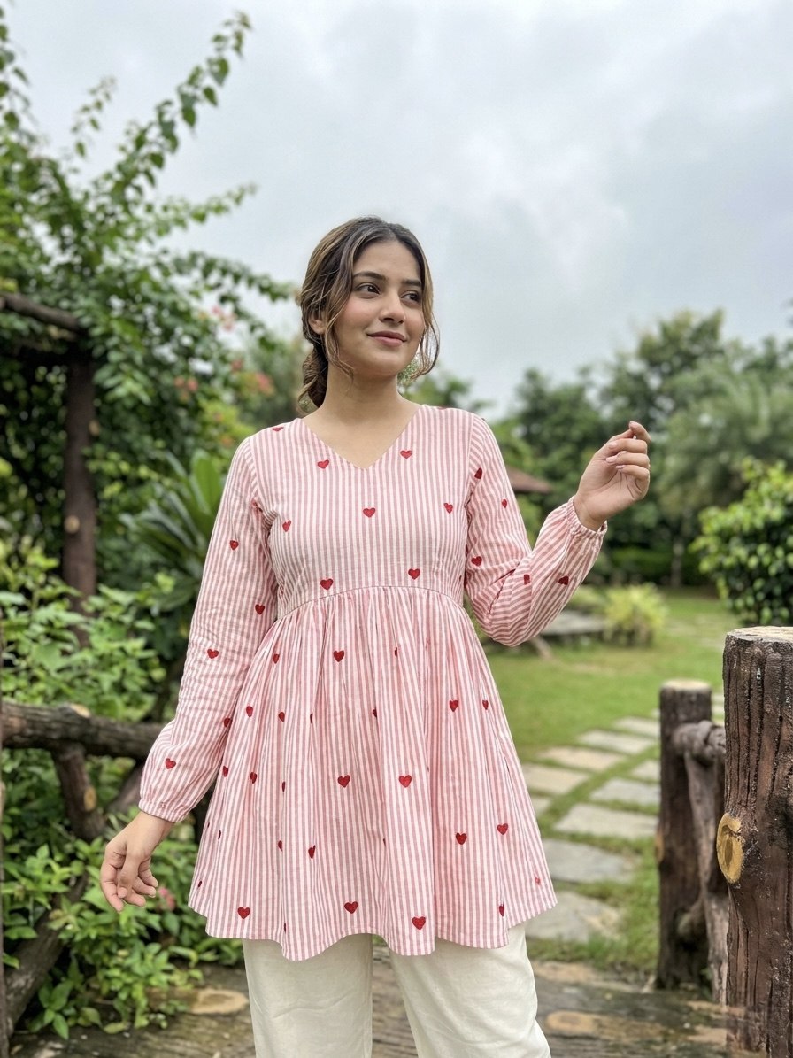 Lorenvalley Fashion Pink Cotton with Heart Embroidered work Top Bottom Set