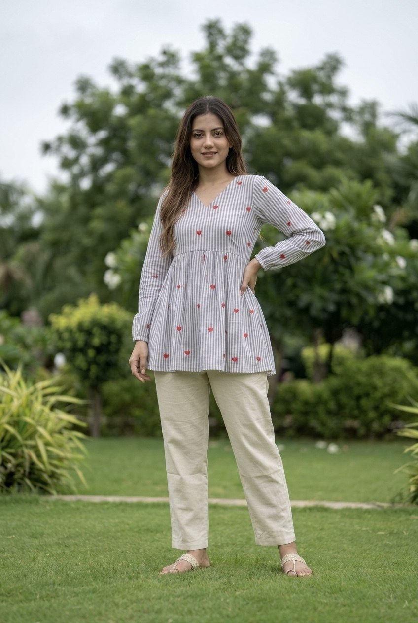 Lorenvalley Fashion Skyblue Cotton with Heart Embroidered work Top Bottom Set