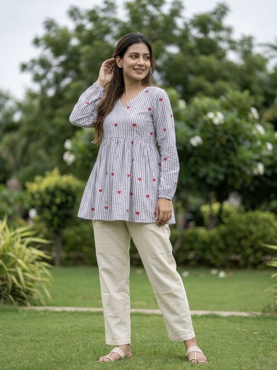 Lorenvalley Fashion Skyblue Cotton with Heart Embroidered work Top Bottom Set