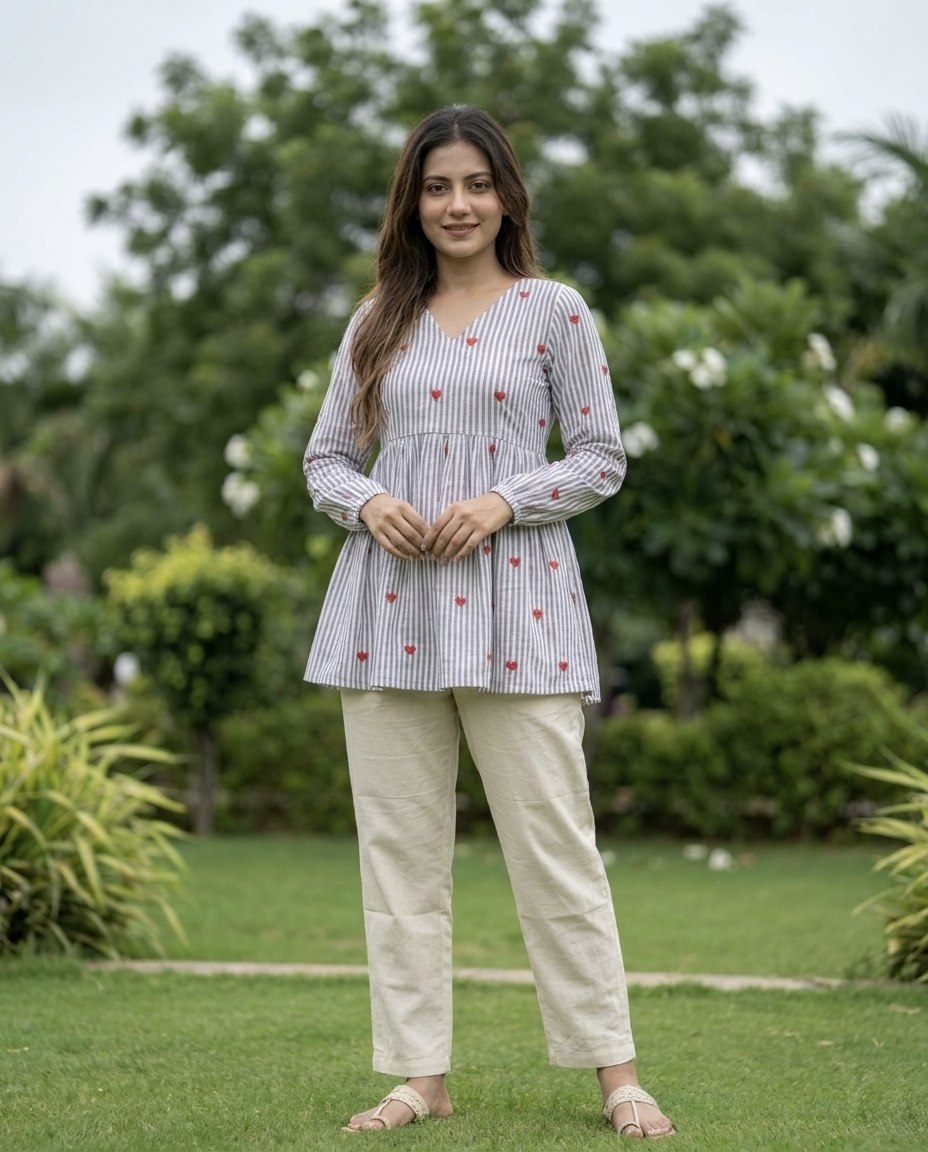 Lorenvalley Fashion Skyblue Cotton with Heart Embroidered work Top Bottom Set