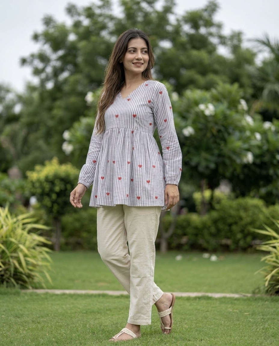 Lorenvalley Fashion Skyblue Cotton with Heart Embroidered work Top Bottom Set