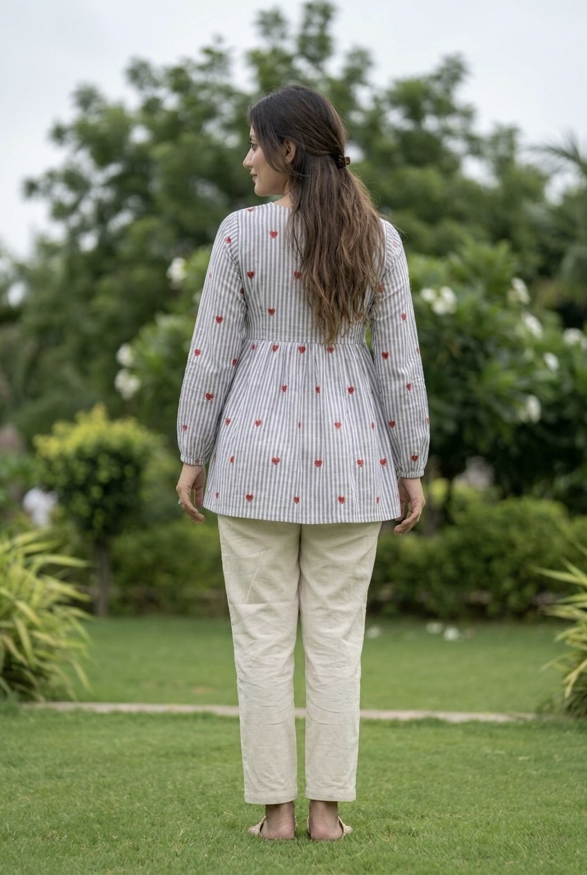 Lorenvalley Fashion Skyblue Cotton with Heart Embroidered work Top Bottom Set