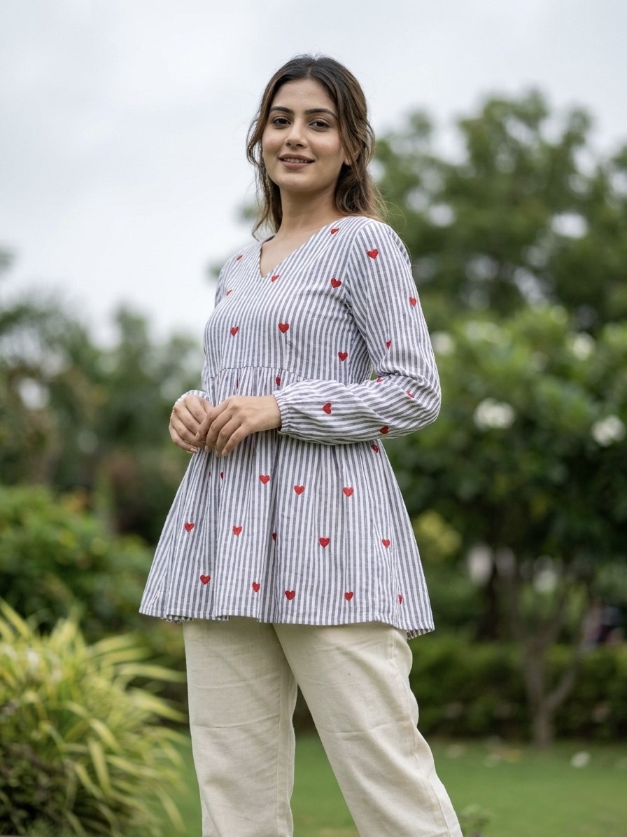 Lorenvalley Fashion Skyblue Cotton with Heart Embroidered work Top Bottom Set